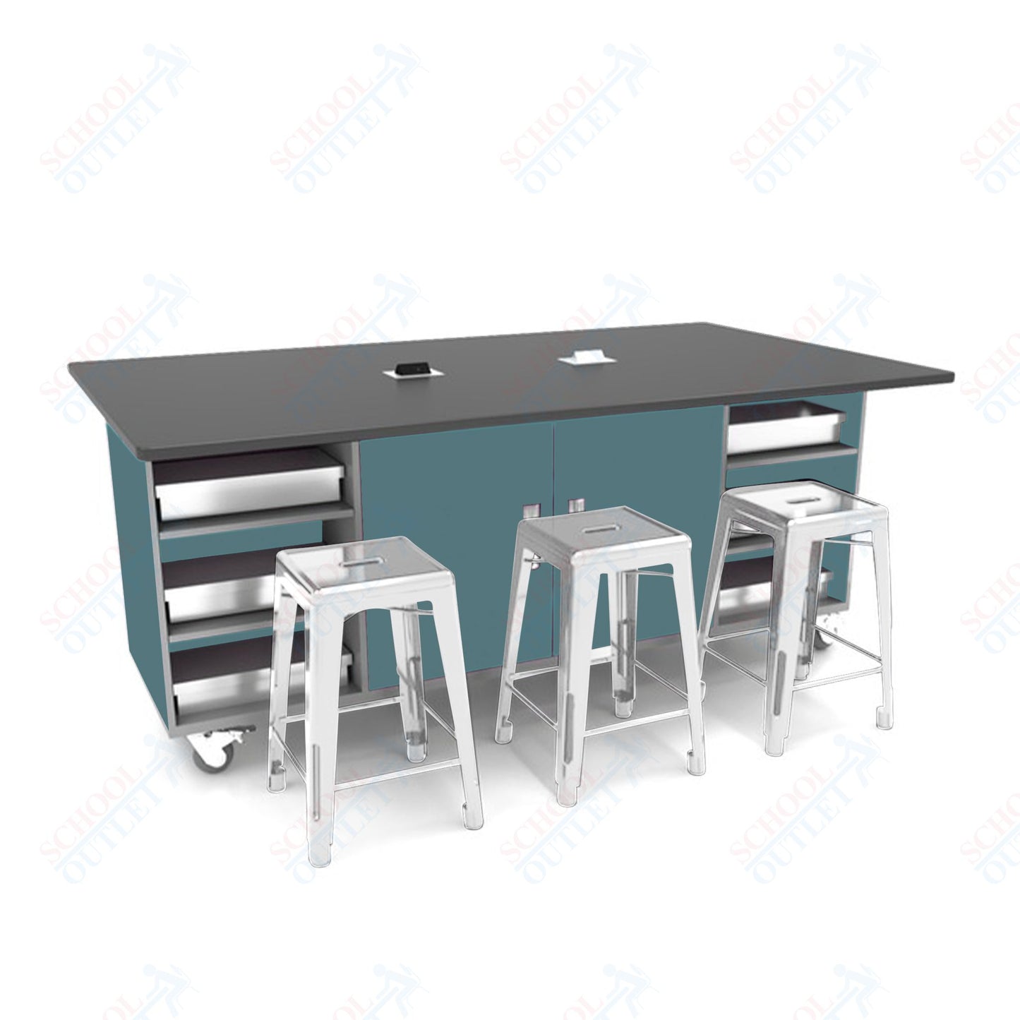 CEF ED Double Table 36"H Tough Top, Laminate Base with  6 Stools, Storage bins, and Electrical Outlets Included.