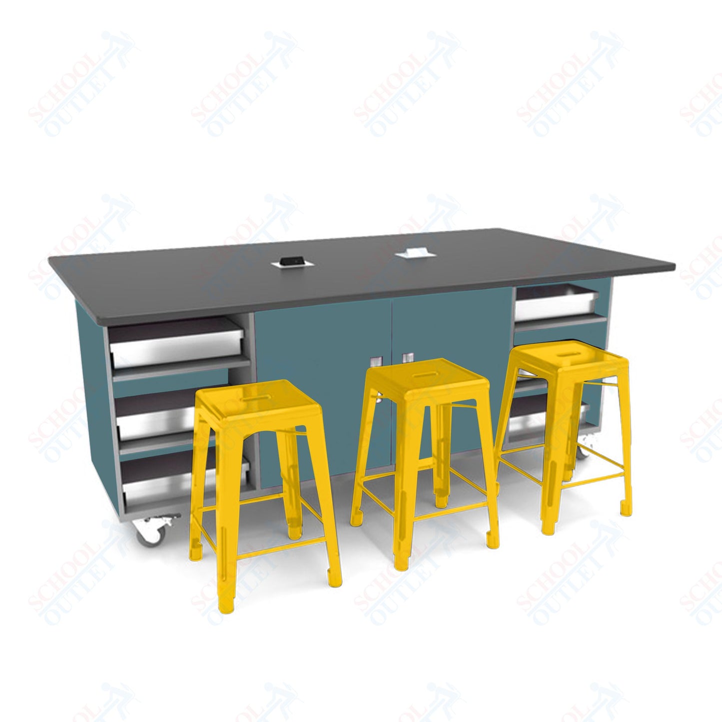 CEF ED Double Table 36"H Tough Top, Laminate Base with  6 Stools, Storage bins, and Electrical Outlets Included.