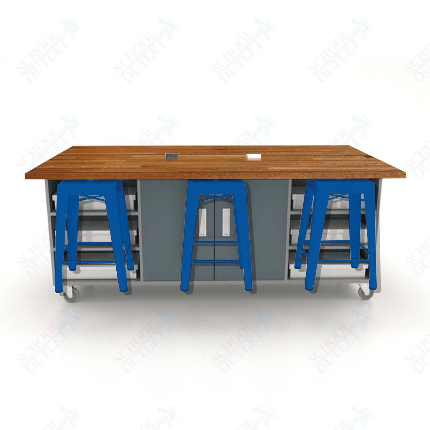 CEF ED Double Table 36"H Butcher Block Top, Laminate Base with  6 Stools, Storage bins, and Electrical Outlets Included.