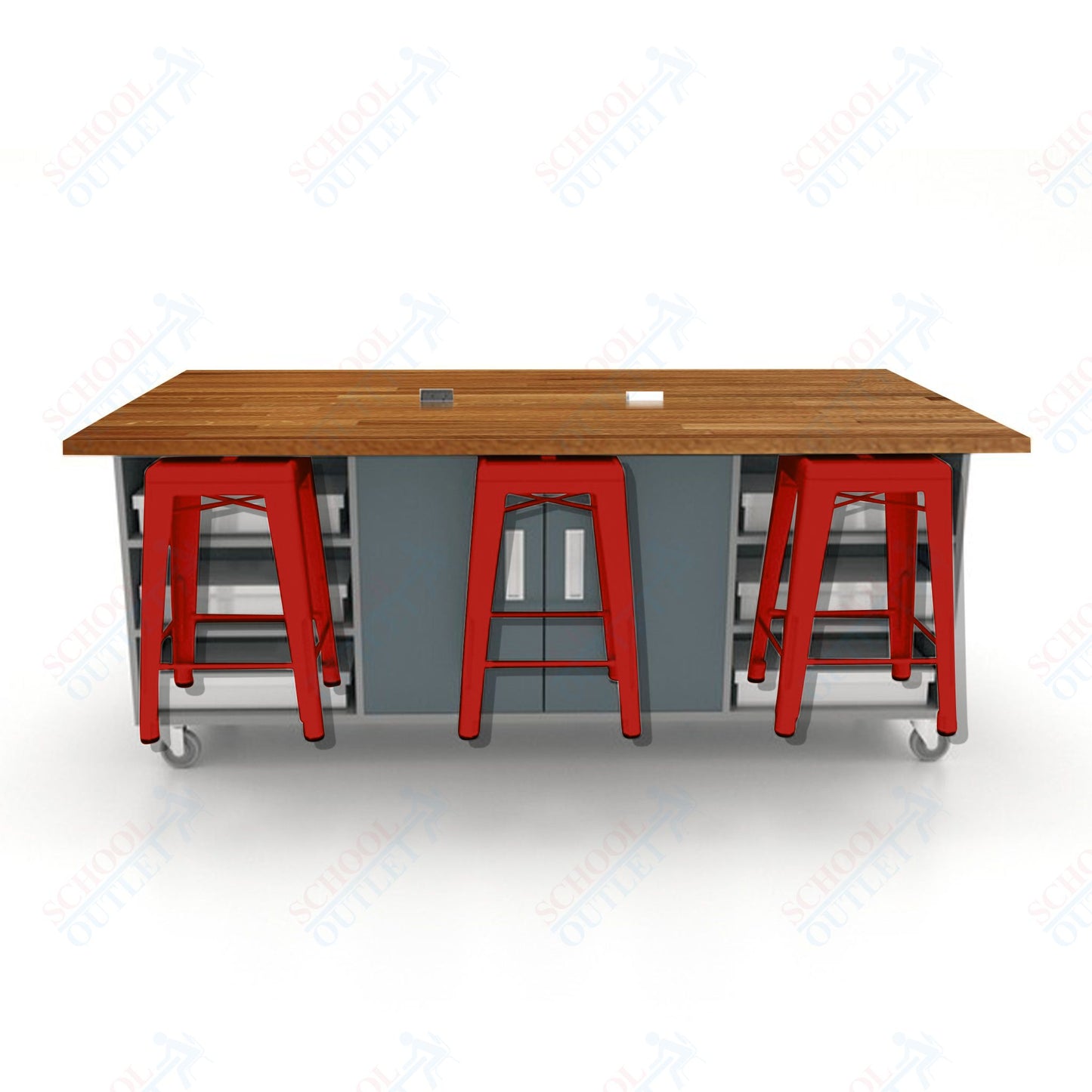 CEF ED Double Table 36"H Butcher Block Top, Laminate Base with  6 Stools, Storage bins, and Electrical Outlets Included.