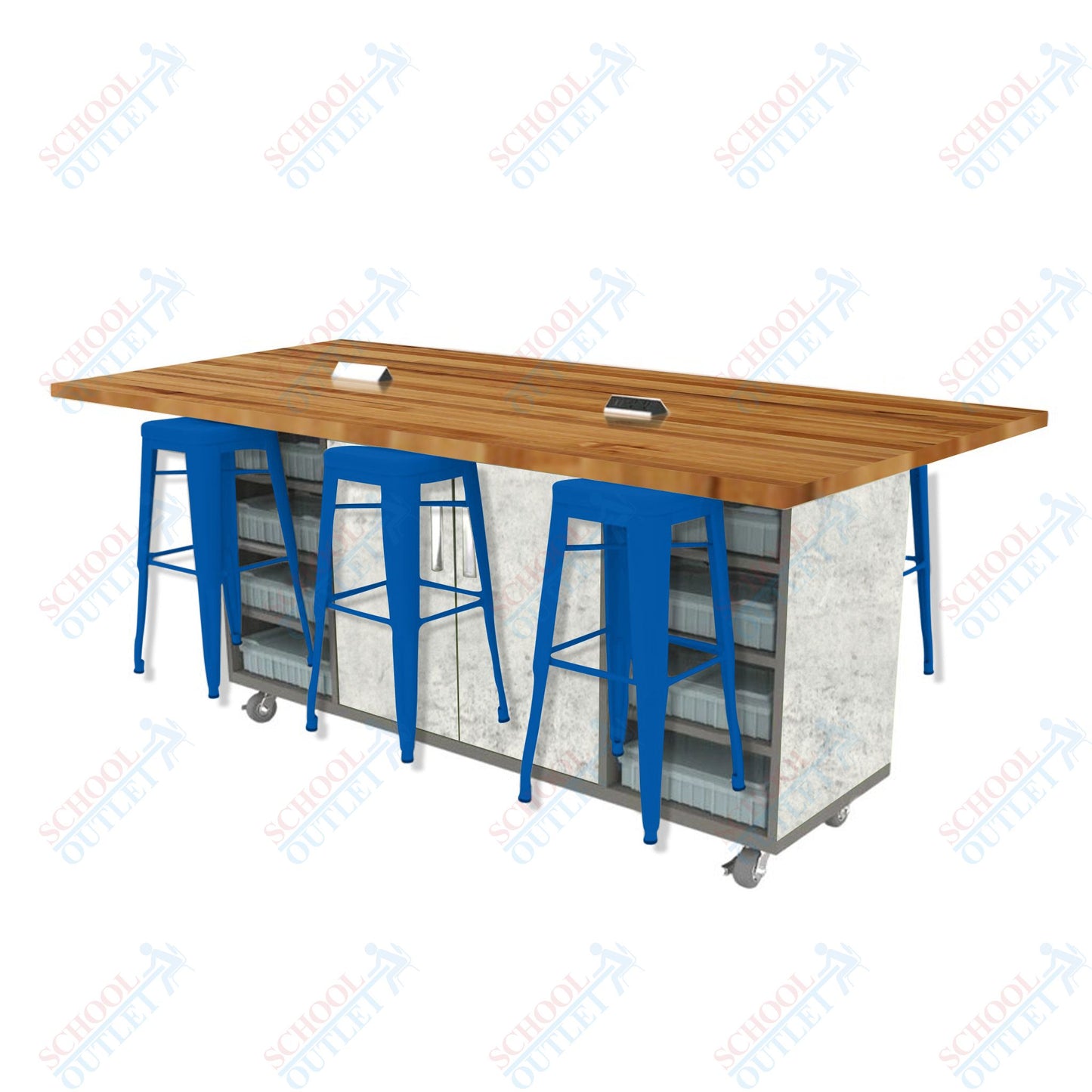 CEF ED Double Table 42"H Butcher Block Top, Laminate Base with  6 Stools, Storage bins, and Electrical Outlets Included.