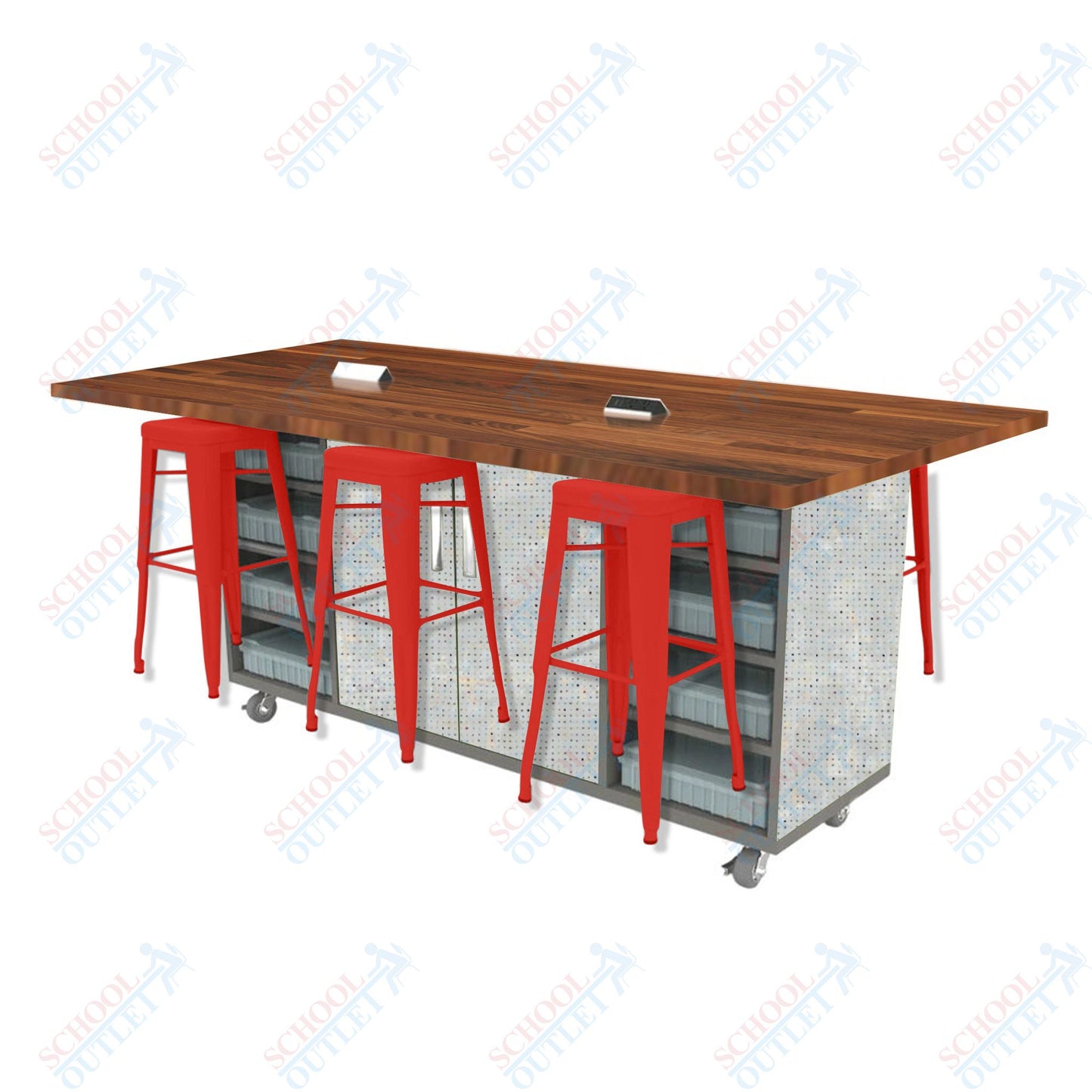 CEF ED Double Table 42"H Butcher Block Top, Laminate Base with  6 Stools, Storage bins, and Electrical Outlets Included.