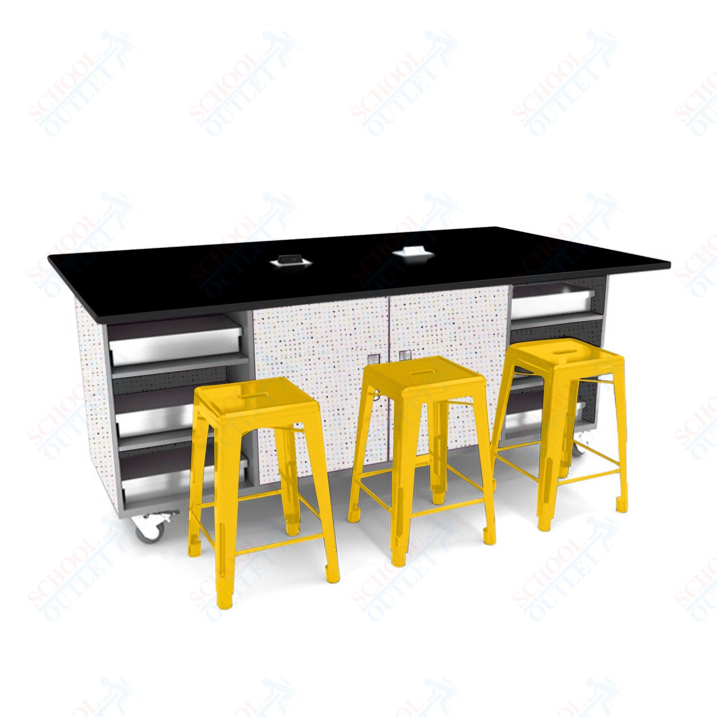 CEF ED Double Table 42"H Tough Top, Laminate Base with  6 Stools, Storage bins, and Electrical Outlets Included.