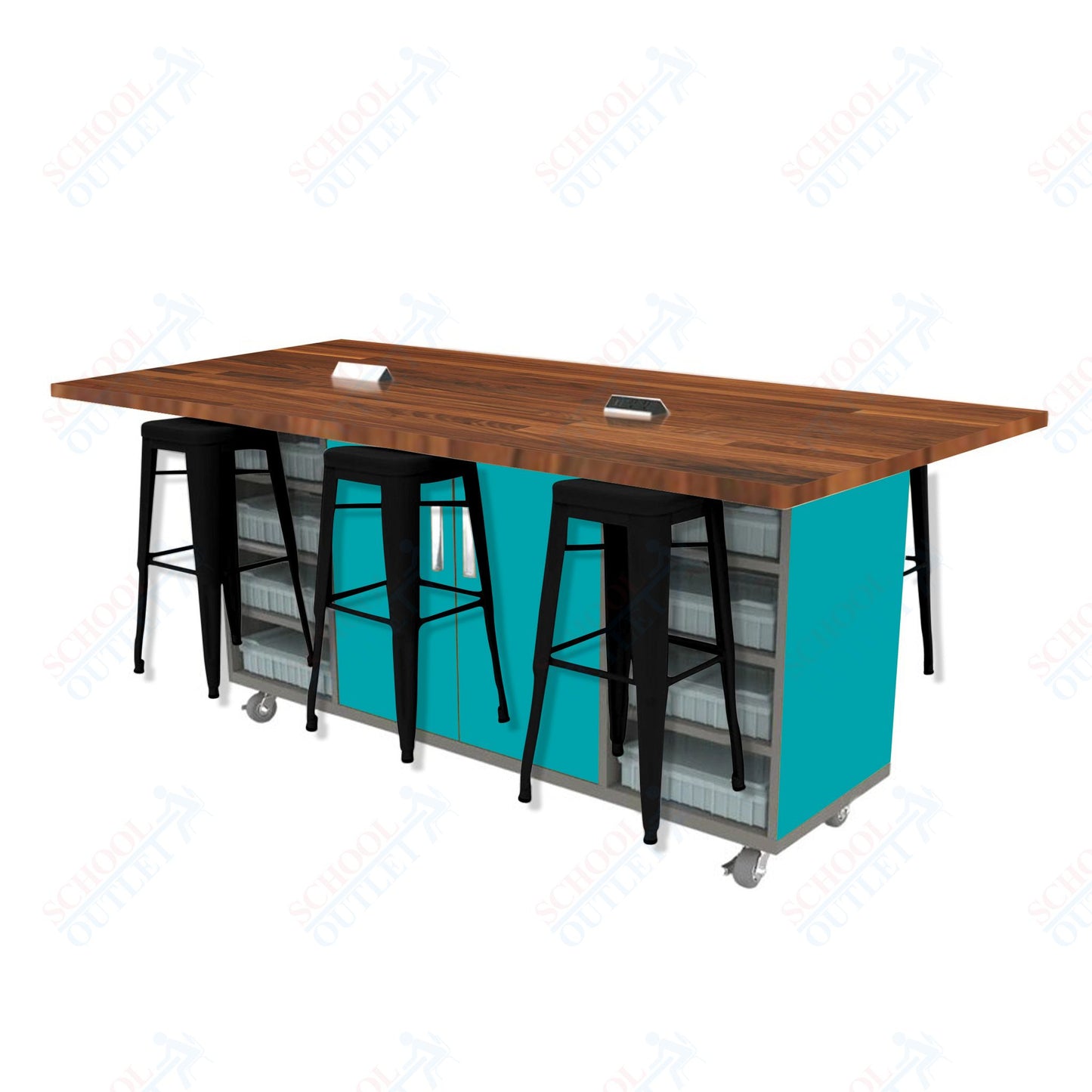 CEF ED Double Table 42"H Butcher Block Top, Laminate Base with  6 Stools, Storage bins, and Electrical Outlets Included.