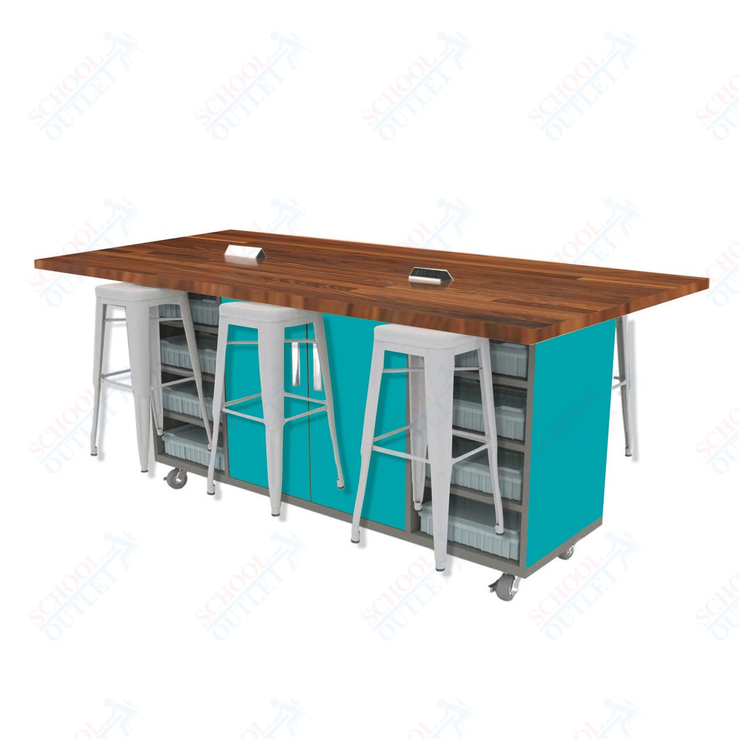 CEF ED Double Table 42"H Butcher Block Top, Laminate Base with  6 Stools, Storage bins, and Electrical Outlets Included.