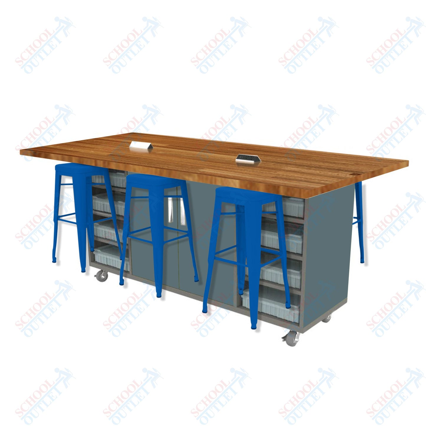 CEF ED Double Table 42"H Butcher Block Top, Laminate Base with  6 Stools, Storage bins, and Electrical Outlets Included.