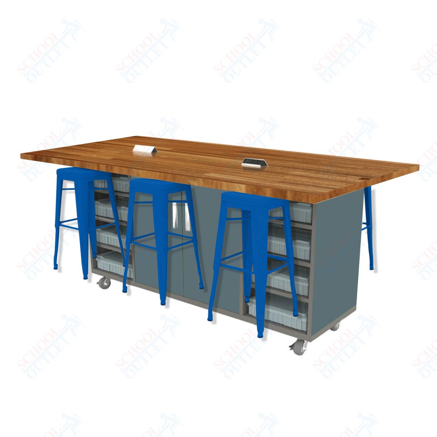 CEF ED Double Table 42"H Butcher Block Top, Laminate Base with  6 Stools, Storage bins, and Electrical Outlets Included.