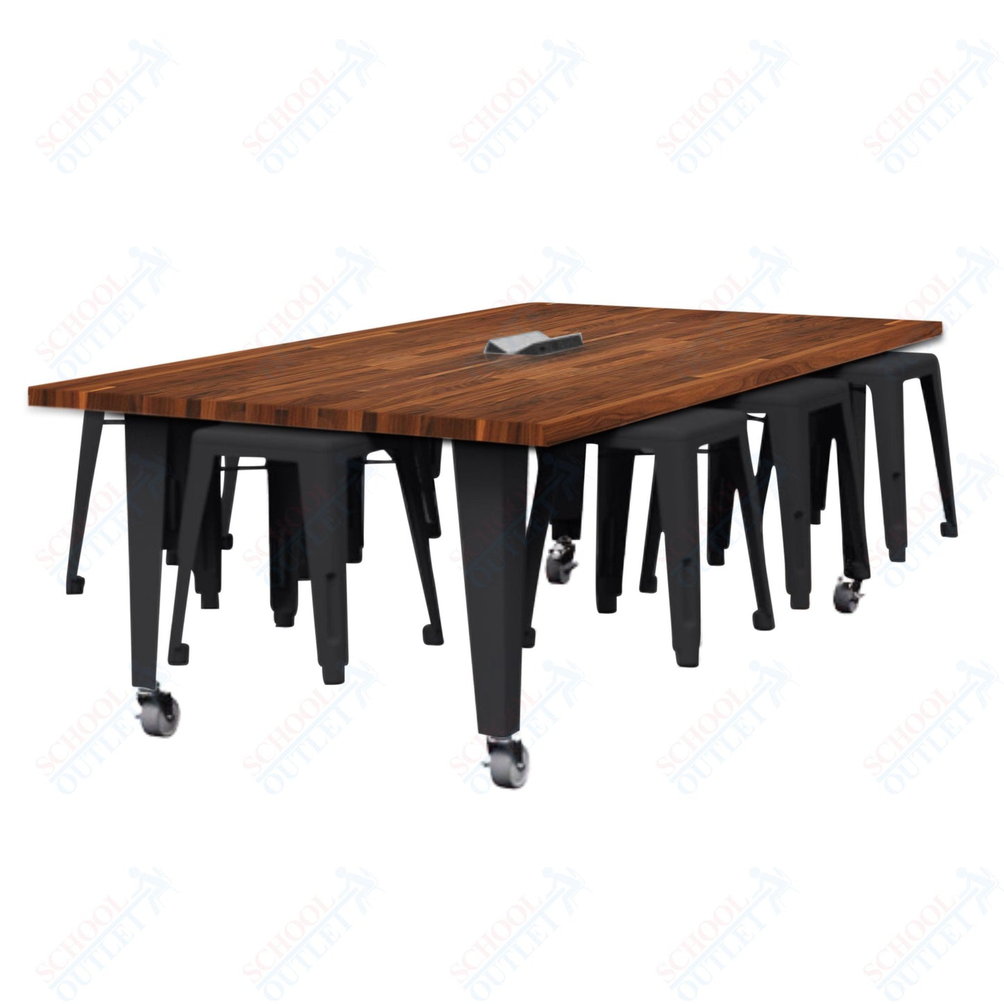 CEF IDEA Island Table 30" Height w/ 8-Seat - Butcher Block Top 84"W x 48"D with Steel Frame, 8 Stools and a Pop-up Dual Dock Electrical Station