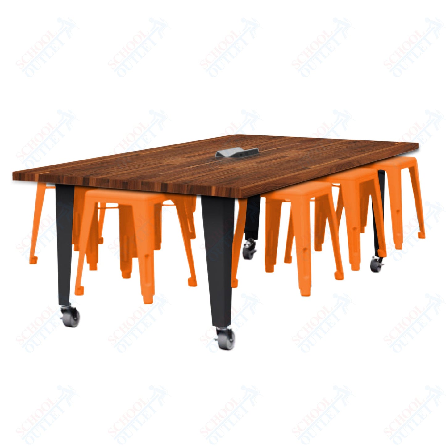 CEF IDEA Island Table 30" Height w/ 8-Seat - Butcher Block Top 84"W x 48"D with Steel Frame, 8 Stools and a Pop-up Dual Dock Electrical Station