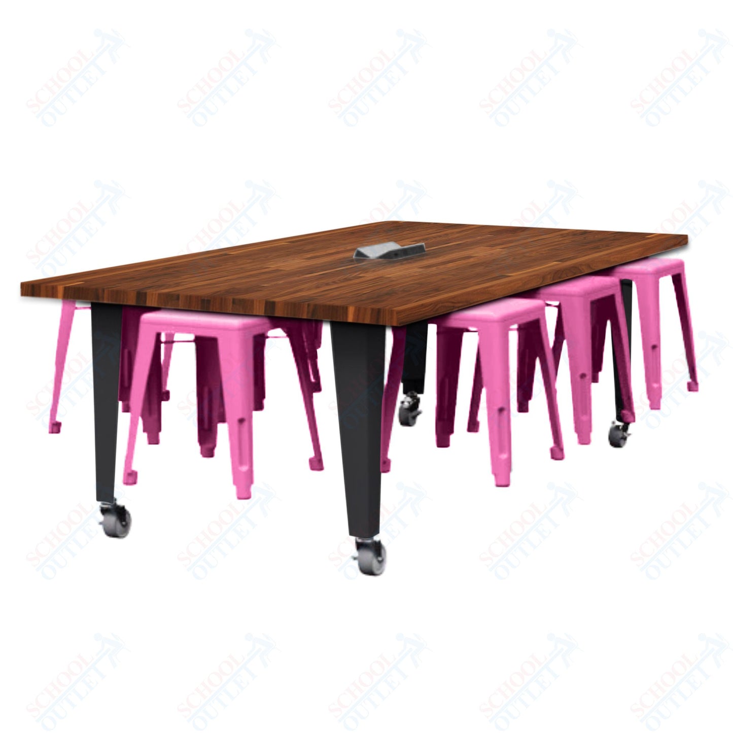 CEF IDEA Island Table 30" Height w/ 8-Seat - Butcher Block Top 84"W x 48"D with Steel Frame, 8 Stools and a Pop-up Dual Dock Electrical Station