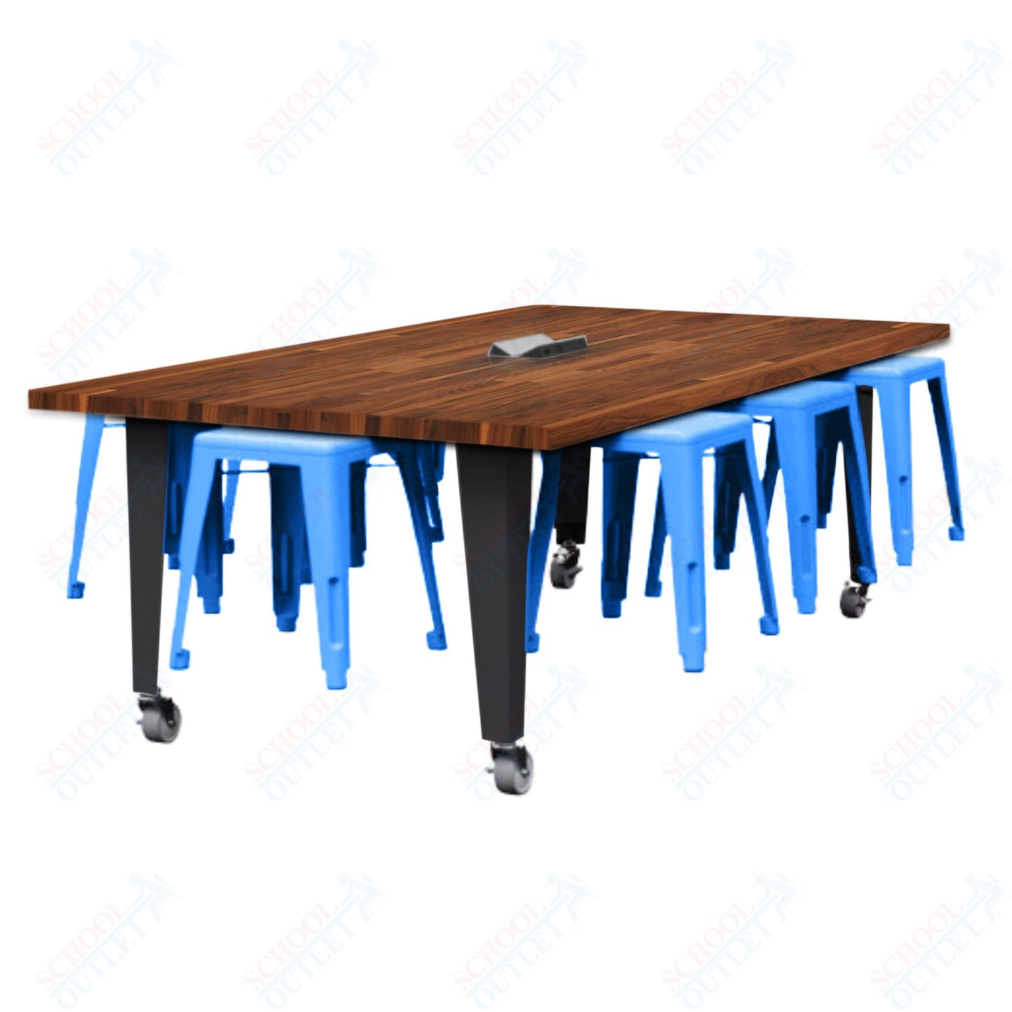 CEF IDEA Island Table 30" Height w/ 8-Seat - Butcher Block Top 84"W x 48"D with Steel Frame, 8 Stools and a Pop-up Dual Dock Electrical Station