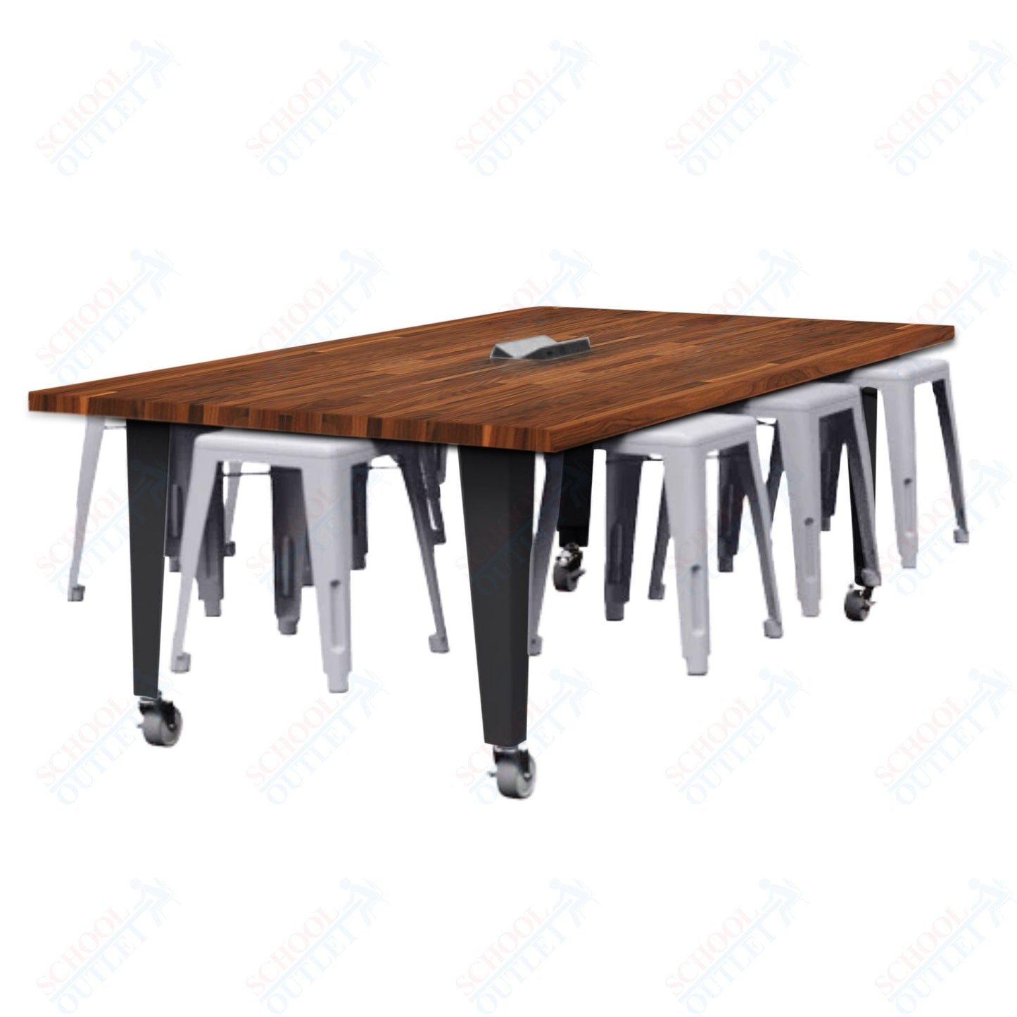 CEF IDEA Island Table 30" Height w/ 8-Seat - Butcher Block Top 84"W x 48"D with Steel Frame, 8 Stools and a Pop-up Dual Dock Electrical Station
