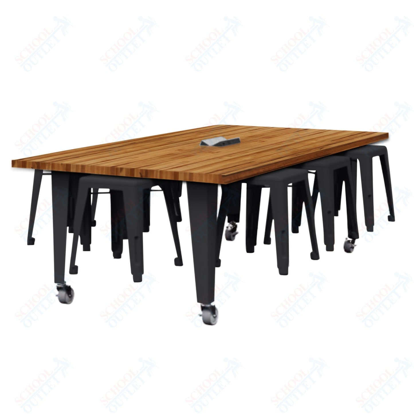 CEF IDEA Island Table 30" Height w/ 8-Seat - Butcher Block Top 84"W x 48"D with Steel Frame, 8 Stools and a Pop-up Dual Dock Electrical Station