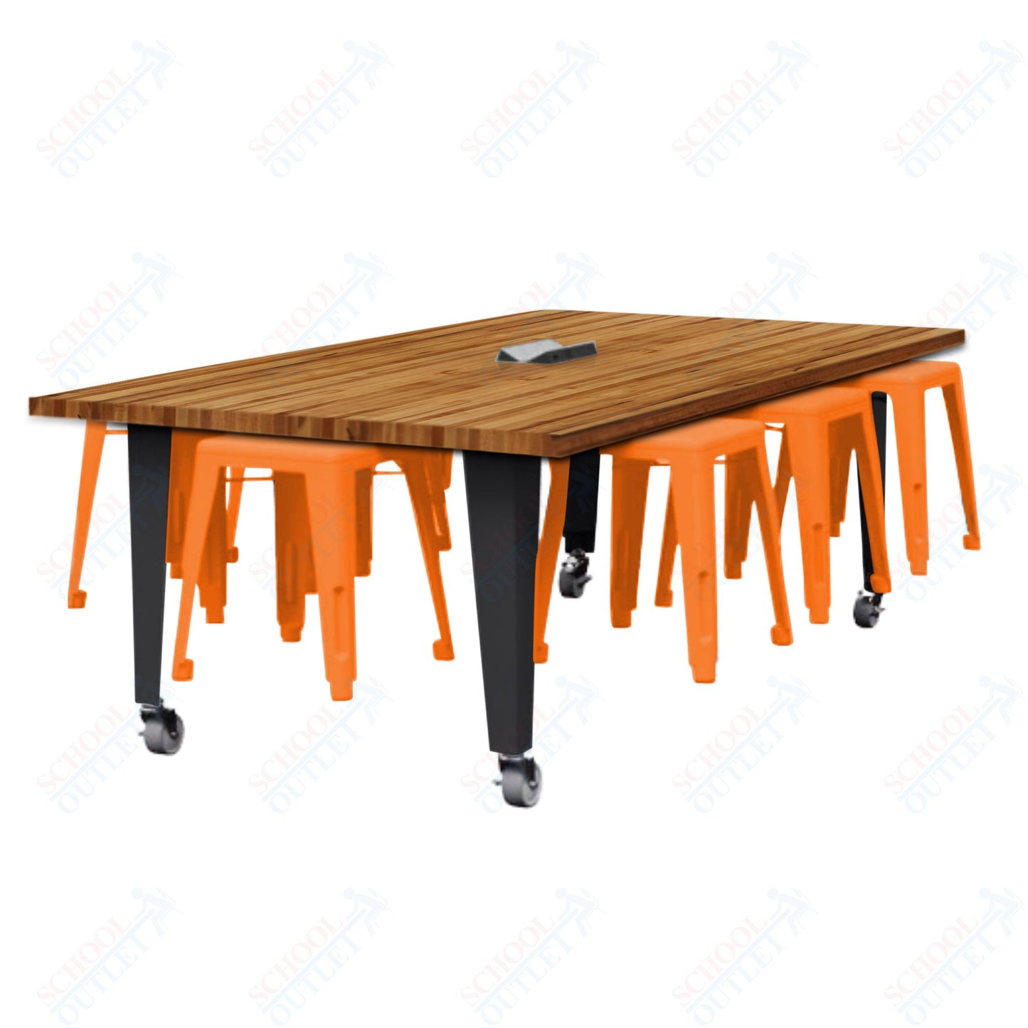 CEF IDEA Island Table 30" Height w/ 8-Seat - Butcher Block Top 84"W x 48"D with Steel Frame, 8 Stools and a Pop-up Dual Dock Electrical Station