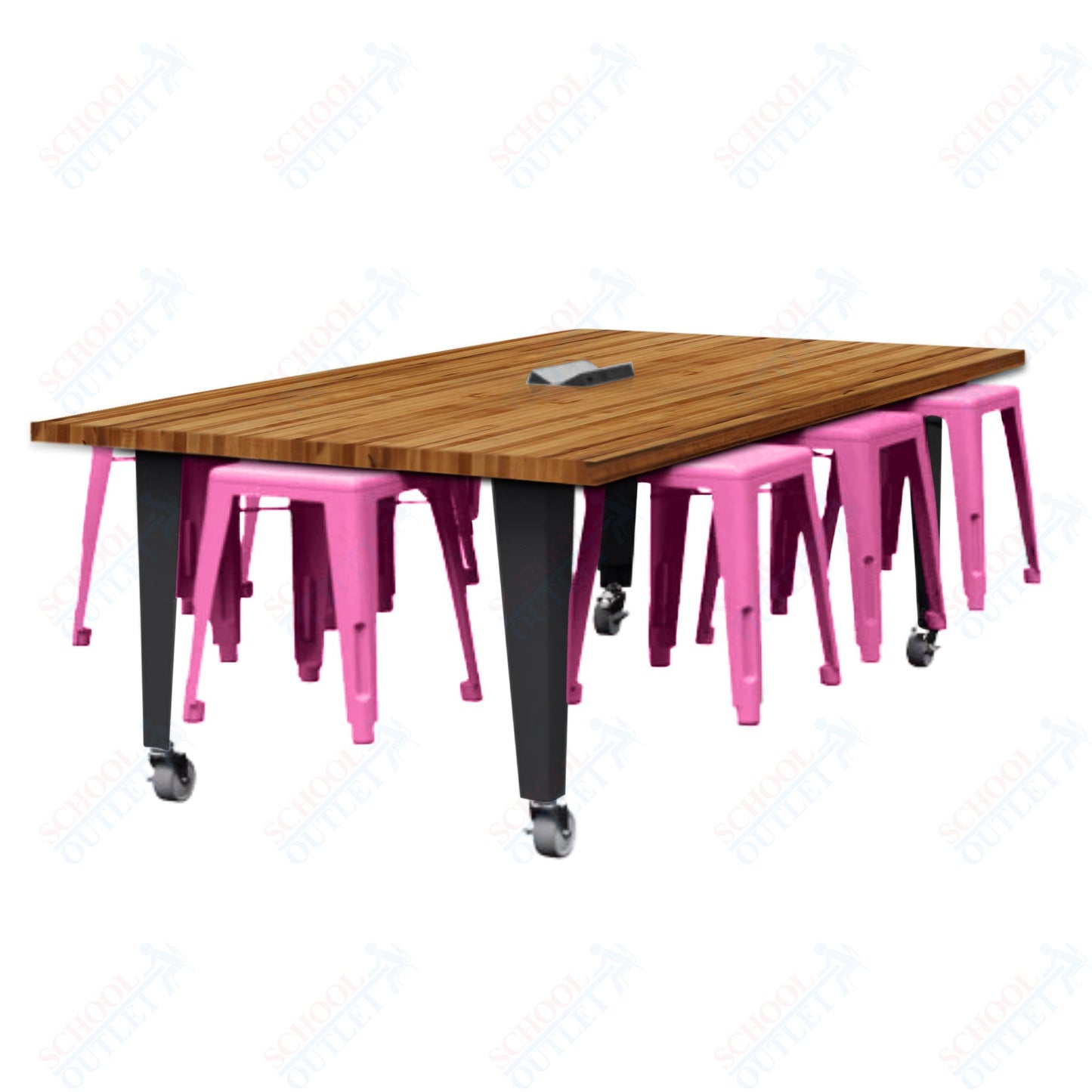 CEF IDEA Island Table 30" Height w/ 8-Seat - Butcher Block Top 84"W x 48"D with Steel Frame, 8 Stools and a Pop-up Dual Dock Electrical Station