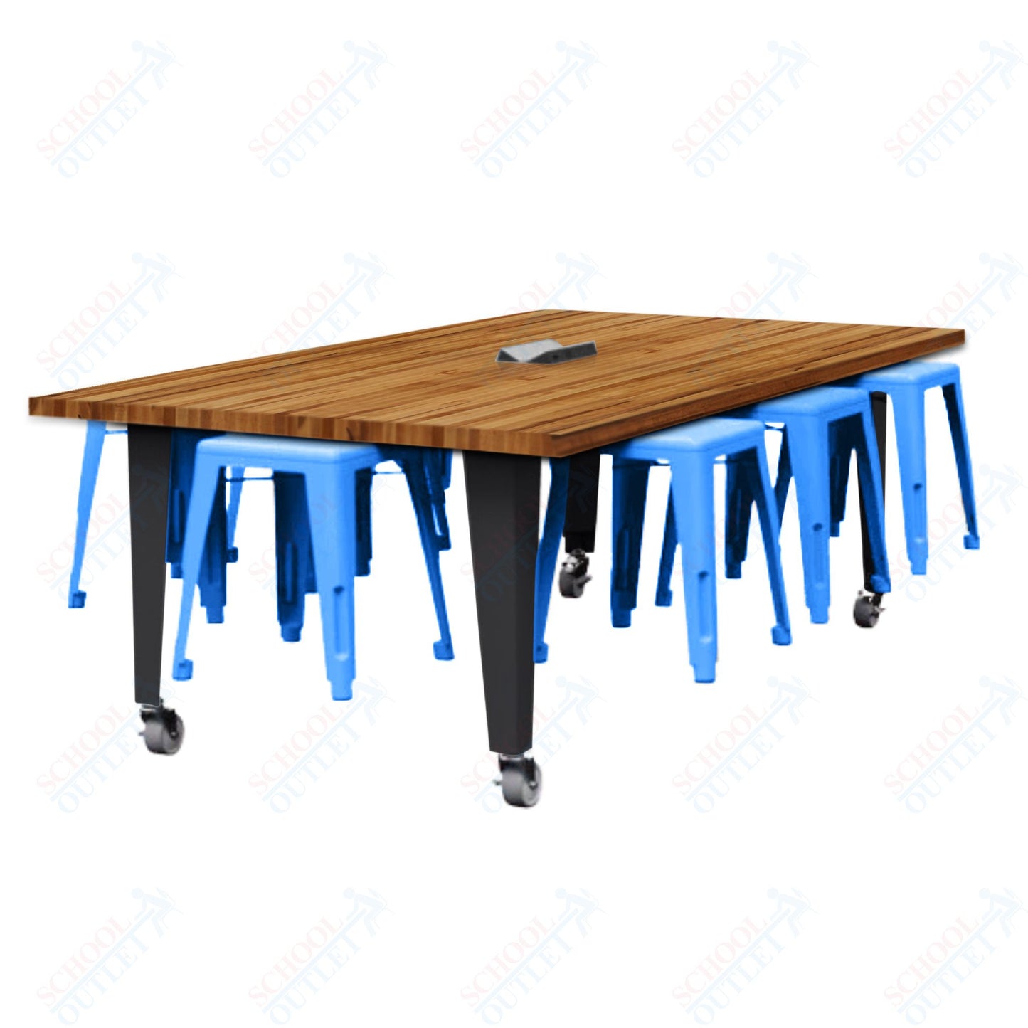 CEF IDEA Island Table 30" Height w/ 8-Seat - Butcher Block Top 84"W x 48"D with Steel Frame, 8 Stools and a Pop-up Dual Dock Electrical Station