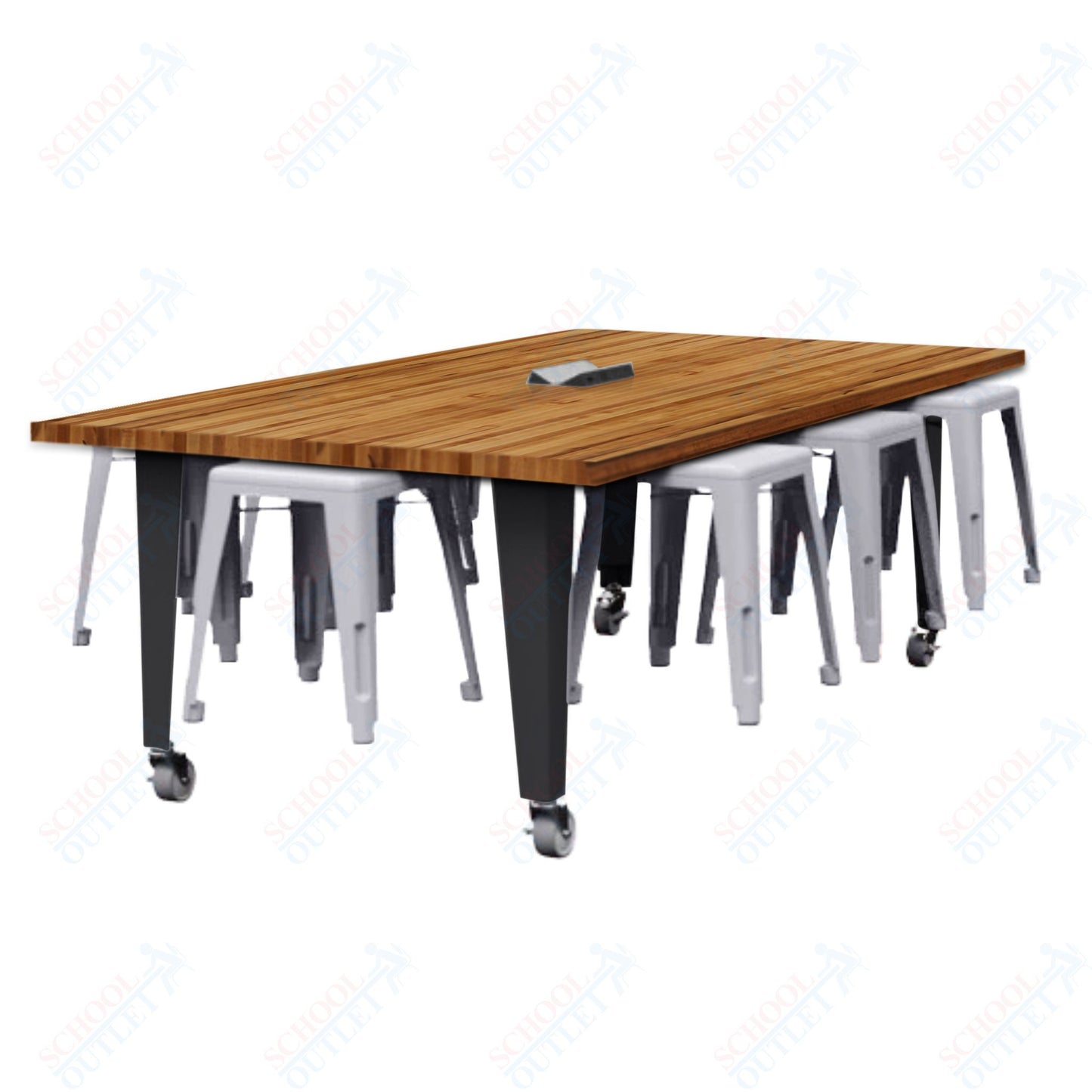 CEF IDEA Island Table 30" Height w/ 8-Seat - Butcher Block Top 84"W x 48"D with Steel Frame, 8 Stools and a Pop-up Dual Dock Electrical Station