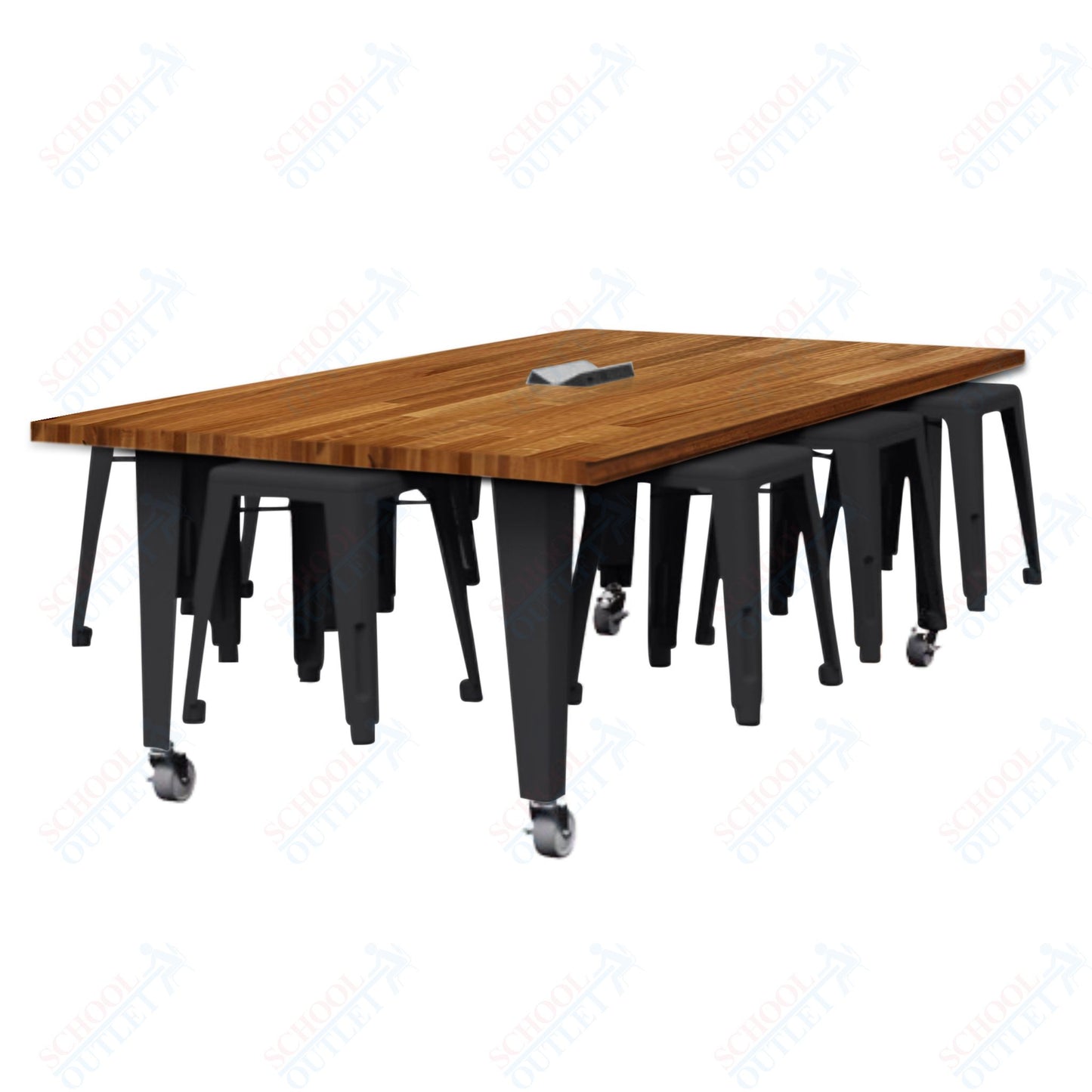 CEF IDEA Island Table 30" Height w/ 8-Seat - Butcher Block Top 84"W x 48"D with Steel Frame, 8 Stools and a Pop-up Dual Dock Electrical Station