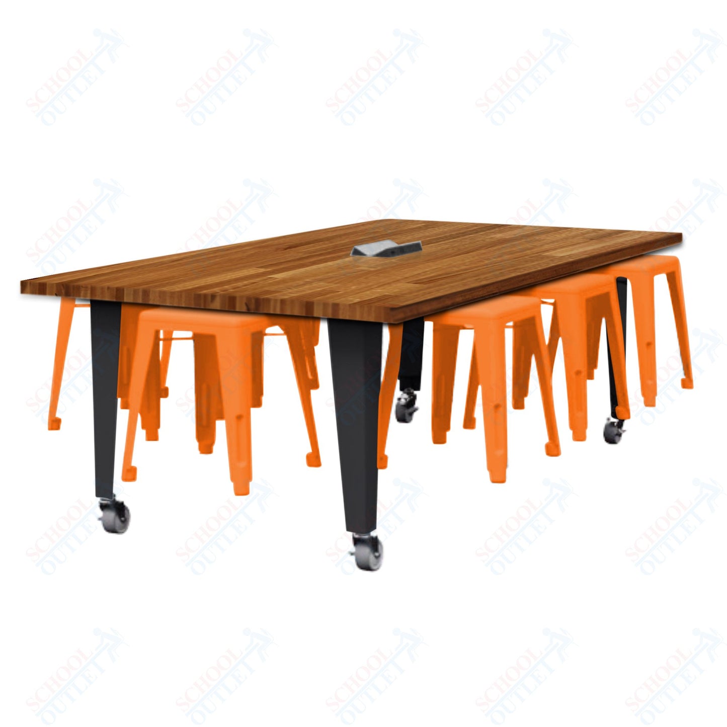CEF IDEA Island Table 30" Height w/ 8-Seat - Butcher Block Top 84"W x 48"D with Steel Frame, 8 Stools and a Pop-up Dual Dock Electrical Station