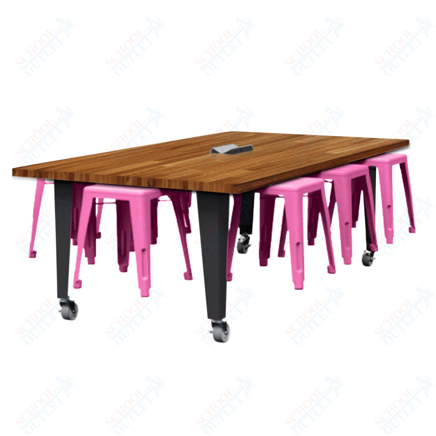 CEF IDEA Island Table 30" Height w/ 8-Seat - Butcher Block Top 84"W x 48"D with Steel Frame, 8 Stools and a Pop-up Dual Dock Electrical Station