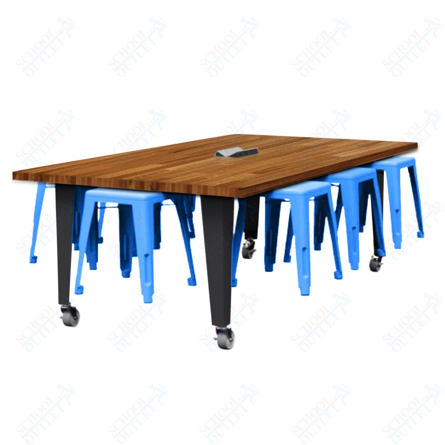 CEF IDEA Island Table 30" Height w/ 8-Seat - Butcher Block Top 84"W x 48"D with Steel Frame, 8 Stools and a Pop-up Dual Dock Electrical Station