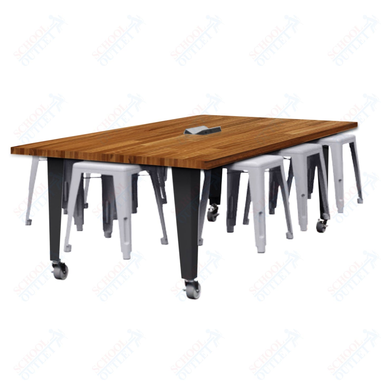 CEF IDEA Island Table 30" Height w/ 8-Seat - Butcher Block Top 84"W x 48"D with Steel Frame, 8 Stools and a Pop-up Dual Dock Electrical Station