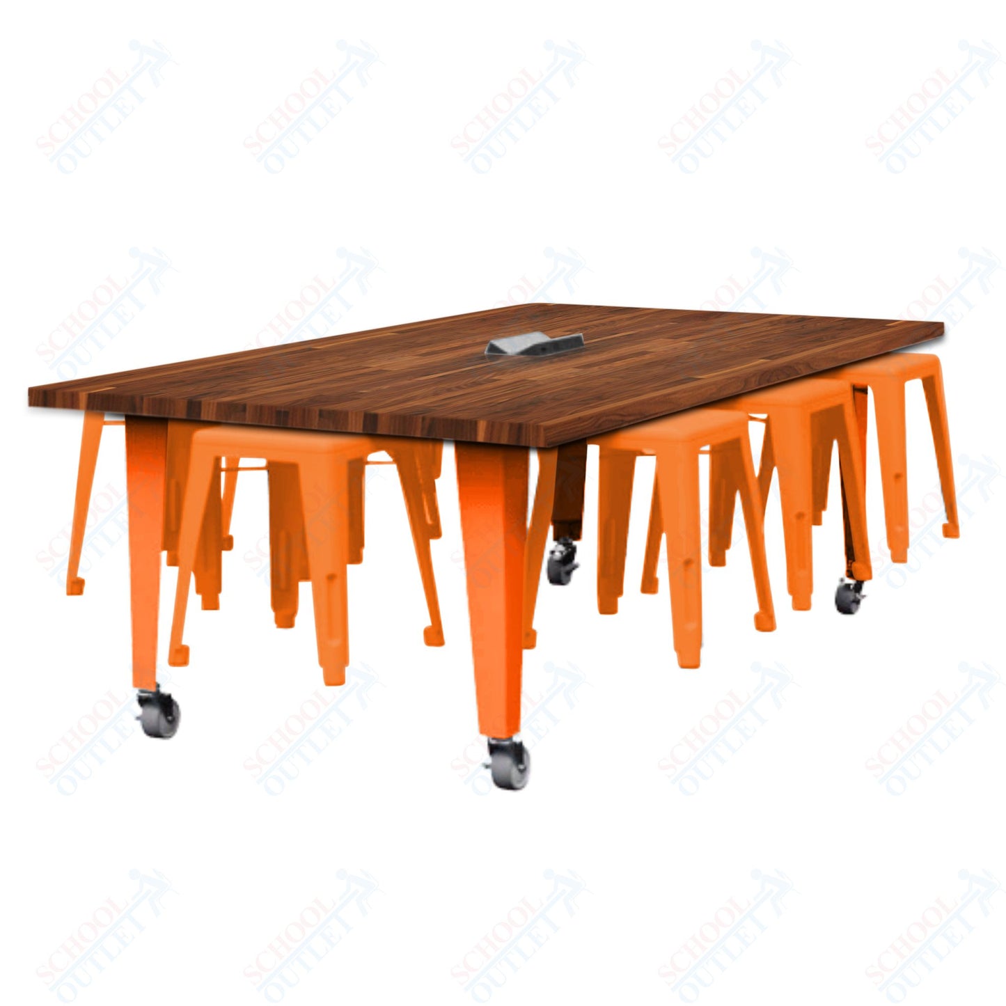 CEF IDEA Island Table 30" Height w/ 8-Seat - Butcher Block Top 84"W x 48"D with Steel Frame, 8 Stools and a Pop-up Dual Dock Electrical Station