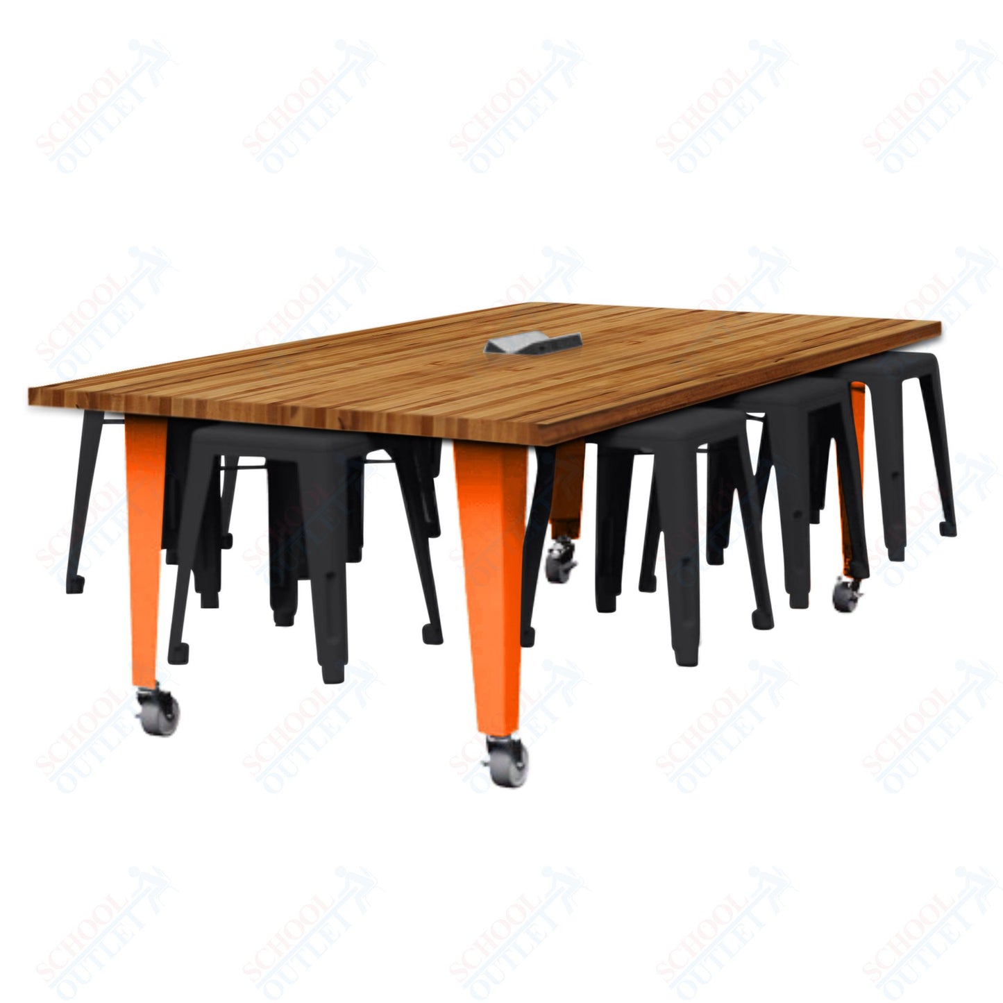 CEF IDEA Island Table 30" Height w/ 8-Seat - Butcher Block Top 84"W x 48"D with Steel Frame, 8 Stools and a Pop-up Dual Dock Electrical Station