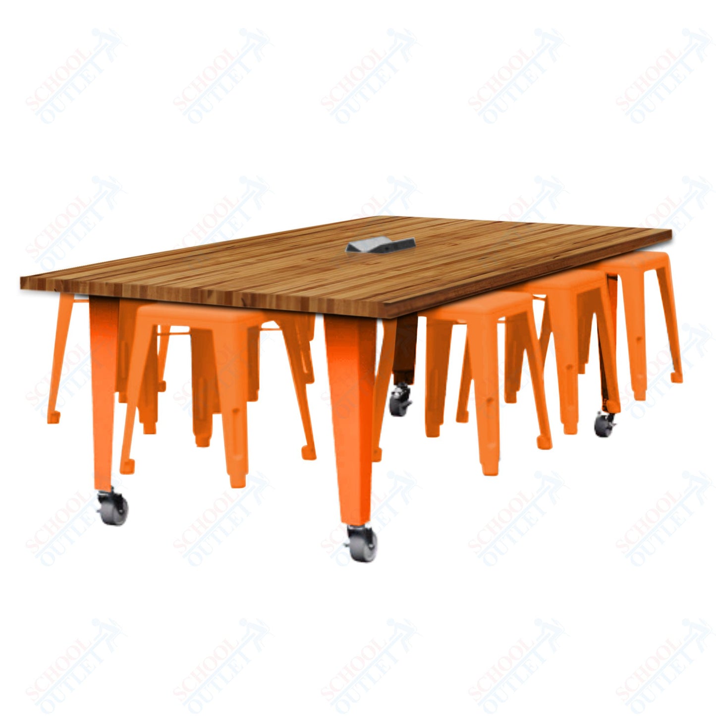 CEF IDEA Island Table 30" Height w/ 8-Seat - Butcher Block Top 84"W x 48"D with Steel Frame, 8 Stools and a Pop-up Dual Dock Electrical Station
