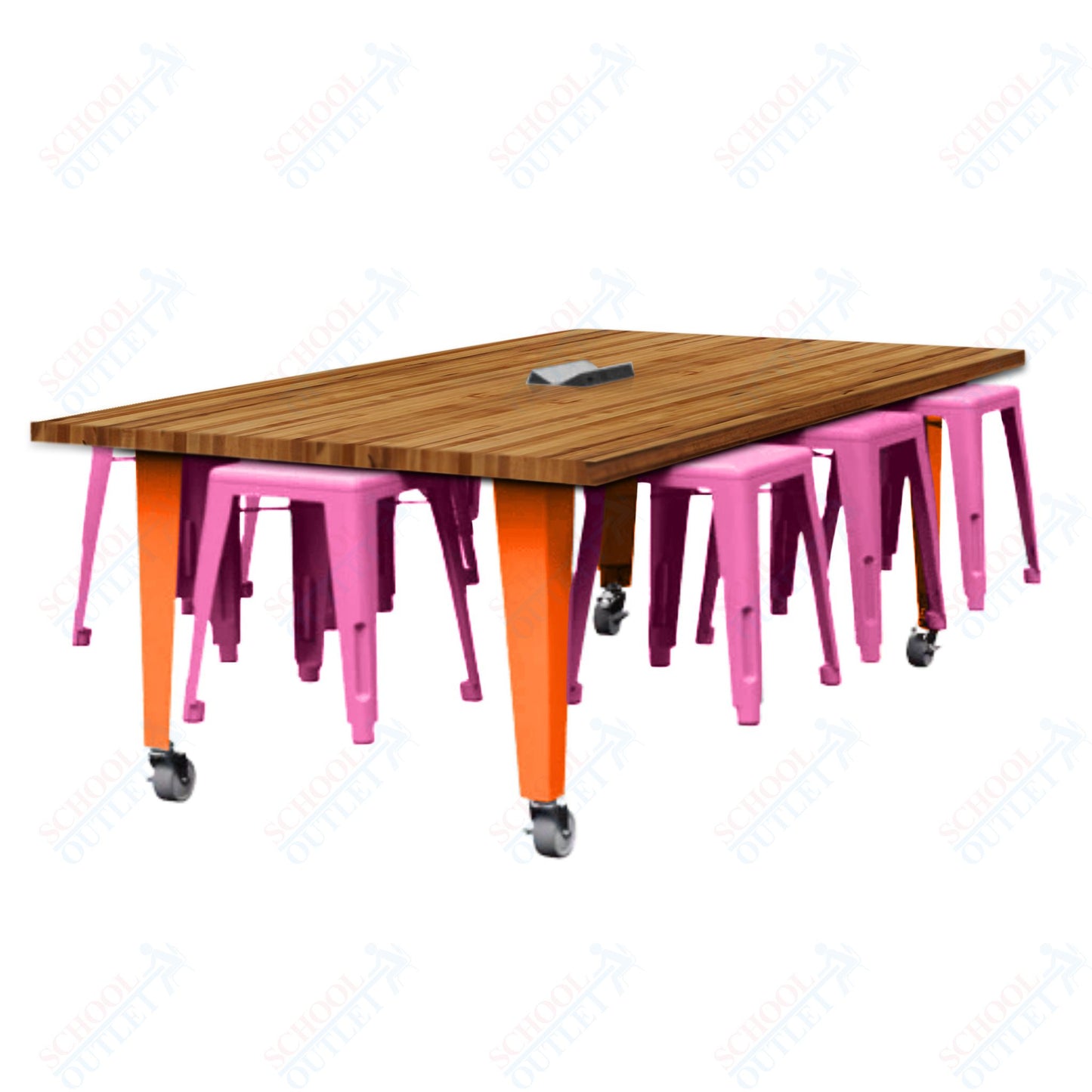CEF IDEA Island Table 30" Height w/ 8-Seat - Butcher Block Top 84"W x 48"D with Steel Frame, 8 Stools and a Pop-up Dual Dock Electrical Station