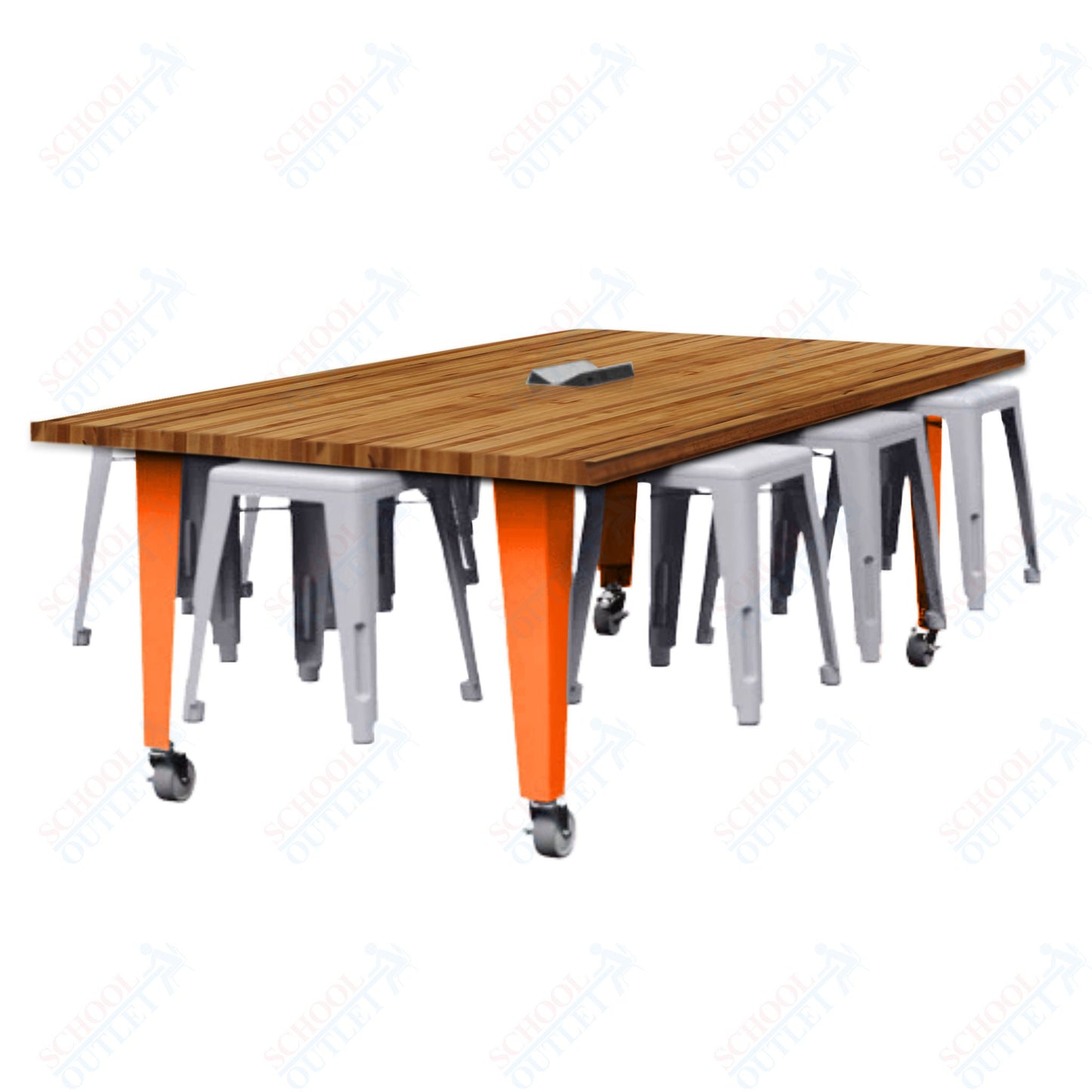 CEF IDEA Island Table 30" Height w/ 8-Seat - Butcher Block Top 84"W x 48"D with Steel Frame, 8 Stools and a Pop-up Dual Dock Electrical Station