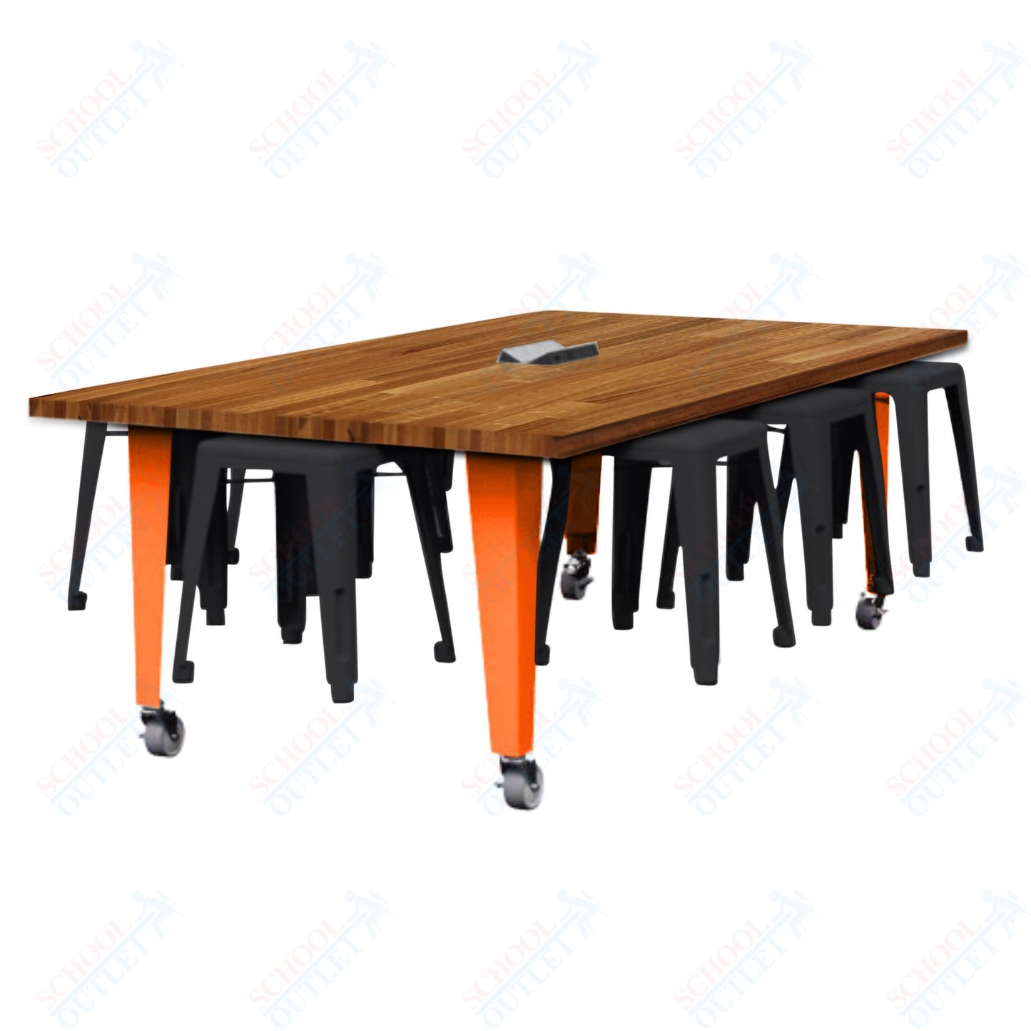 CEF IDEA Island Table 30" Height w/ 8-Seat - Butcher Block Top 84"W x 48"D with Steel Frame, 8 Stools and a Pop-up Dual Dock Electrical Station