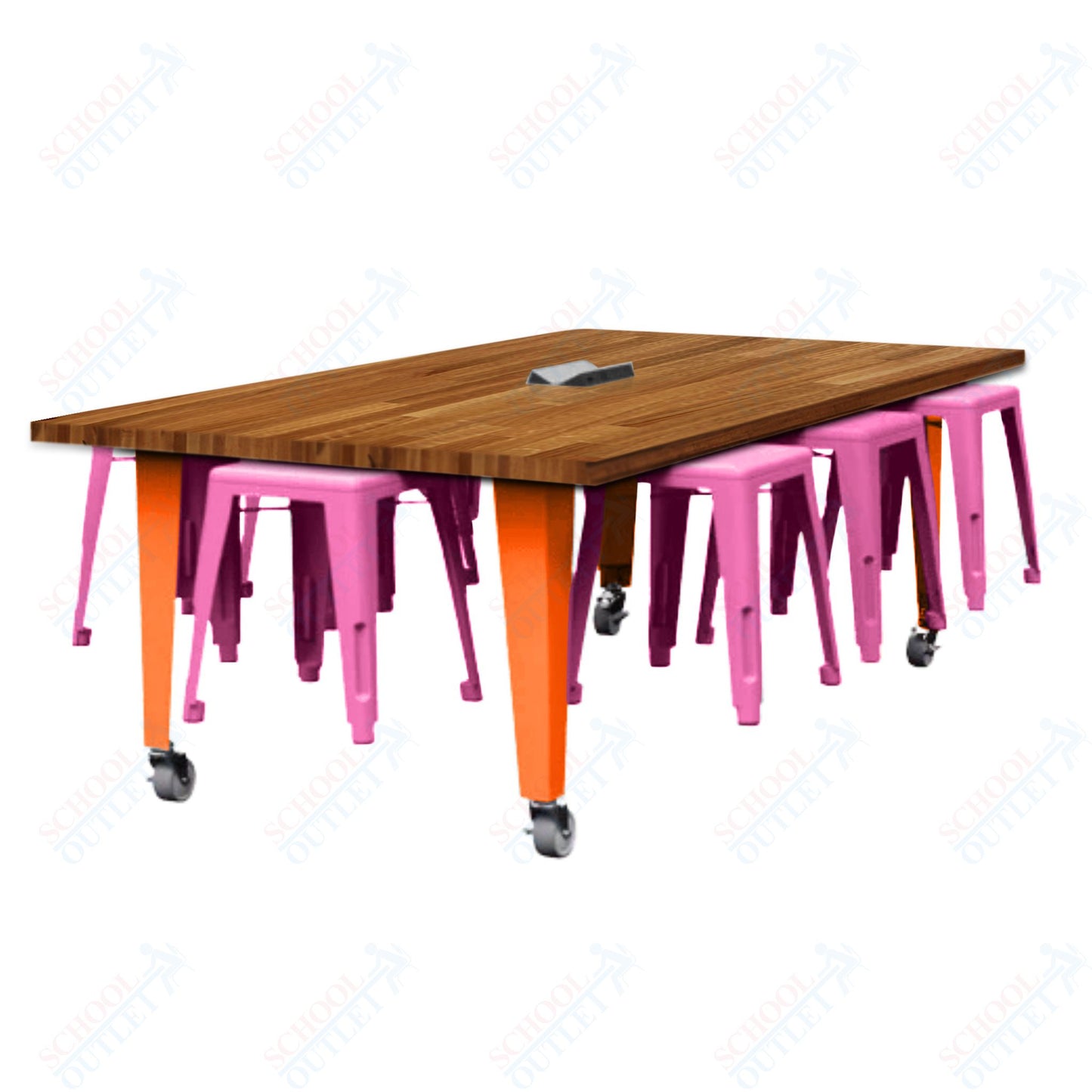 CEF IDEA Island Table 30" Height w/ 8-Seat - Butcher Block Top 84"W x 48"D with Steel Frame, 8 Stools and a Pop-up Dual Dock Electrical Station