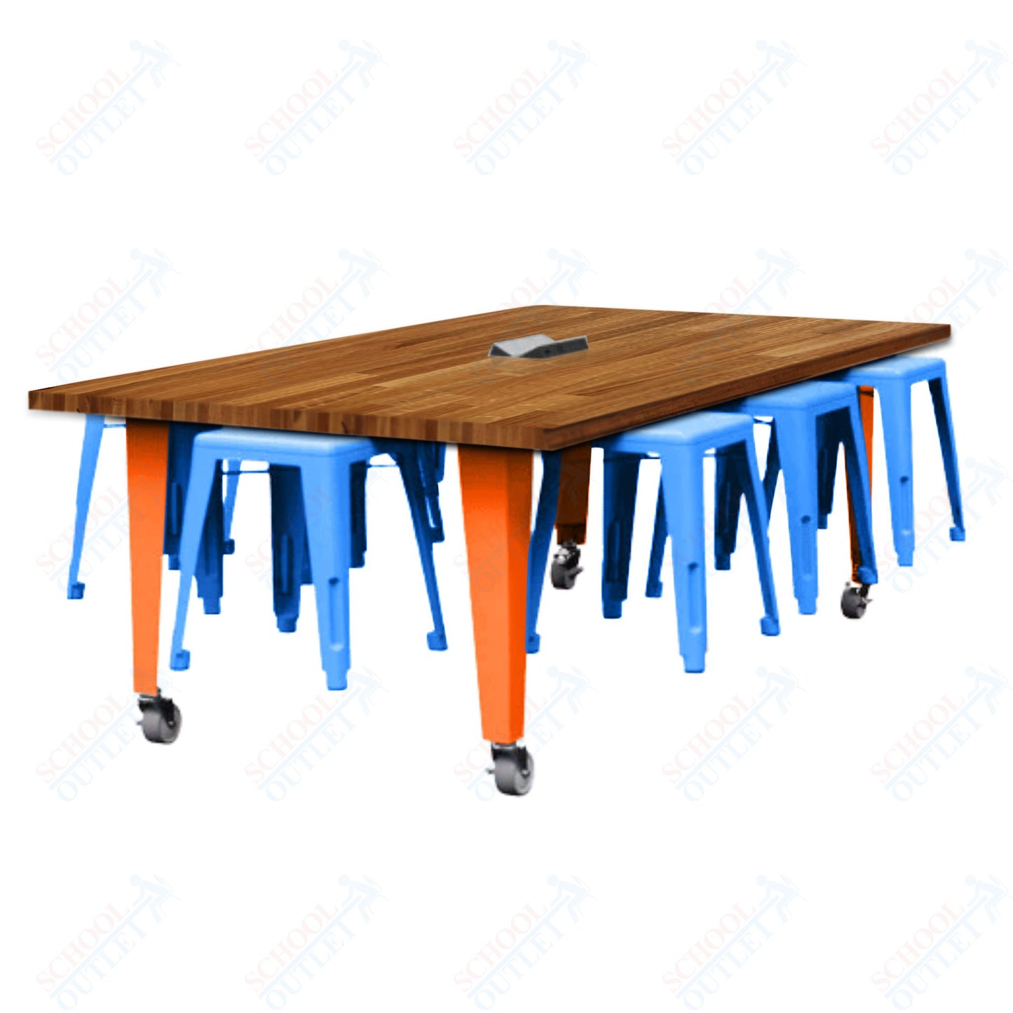 CEF IDEA Island Table 30" Height w/ 8-Seat - Butcher Block Top 84"W x 48"D with Steel Frame, 8 Stools and a Pop-up Dual Dock Electrical Station