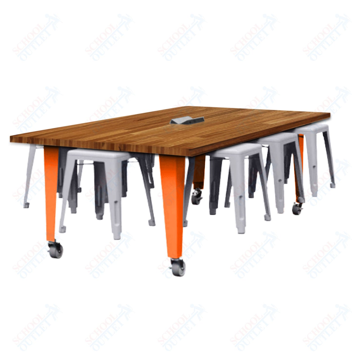CEF IDEA Island Table 30" Height w/ 8-Seat - Butcher Block Top 84"W x 48"D with Steel Frame, 8 Stools and a Pop-up Dual Dock Electrical Station