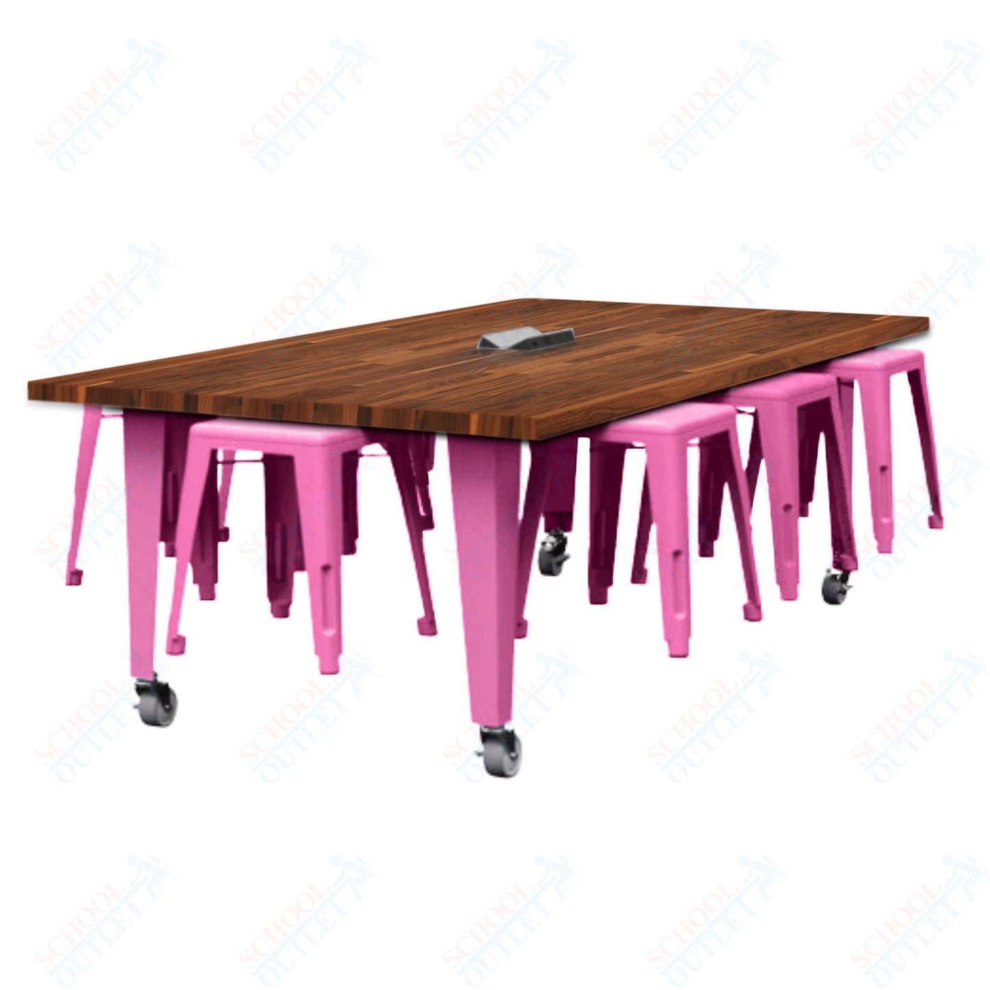 CEF IDEA Island Table 30" Height w/ 8-Seat - Butcher Block Top 84"W x 48"D with Steel Frame, 8 Stools and a Pop-up Dual Dock Electrical Station