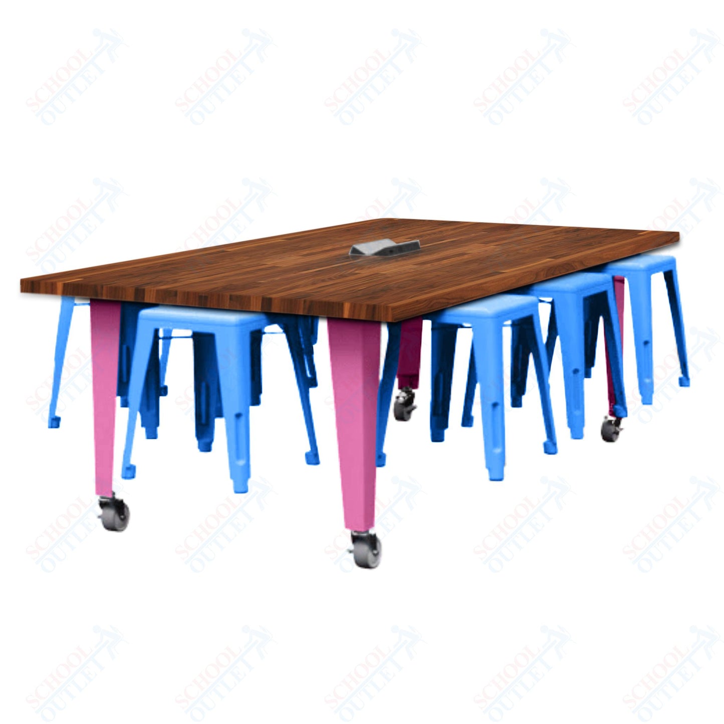 CEF IDEA Island Table 30" Height w/ 8-Seat - Butcher Block Top 84"W x 48"D with Steel Frame, 8 Stools and a Pop-up Dual Dock Electrical Station