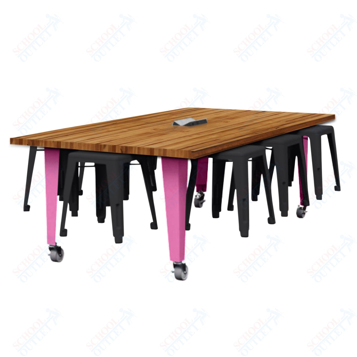CEF IDEA Island Table 30" Height w/ 8-Seat - Butcher Block Top 84"W x 48"D with Steel Frame, 8 Stools and a Pop-up Dual Dock Electrical Station