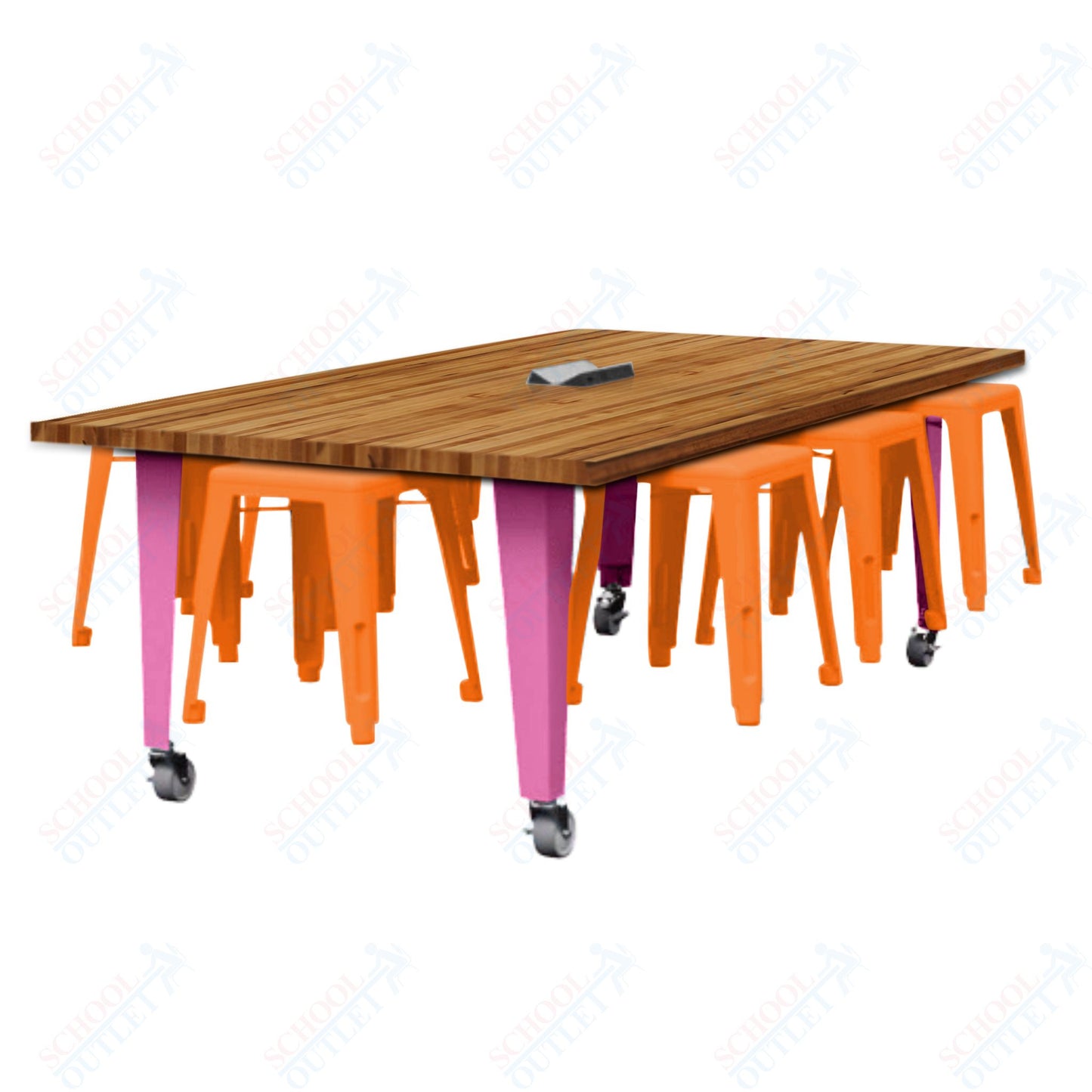 CEF IDEA Island Table 30" Height w/ 8-Seat - Butcher Block Top 84"W x 48"D with Steel Frame, 8 Stools and a Pop-up Dual Dock Electrical Station