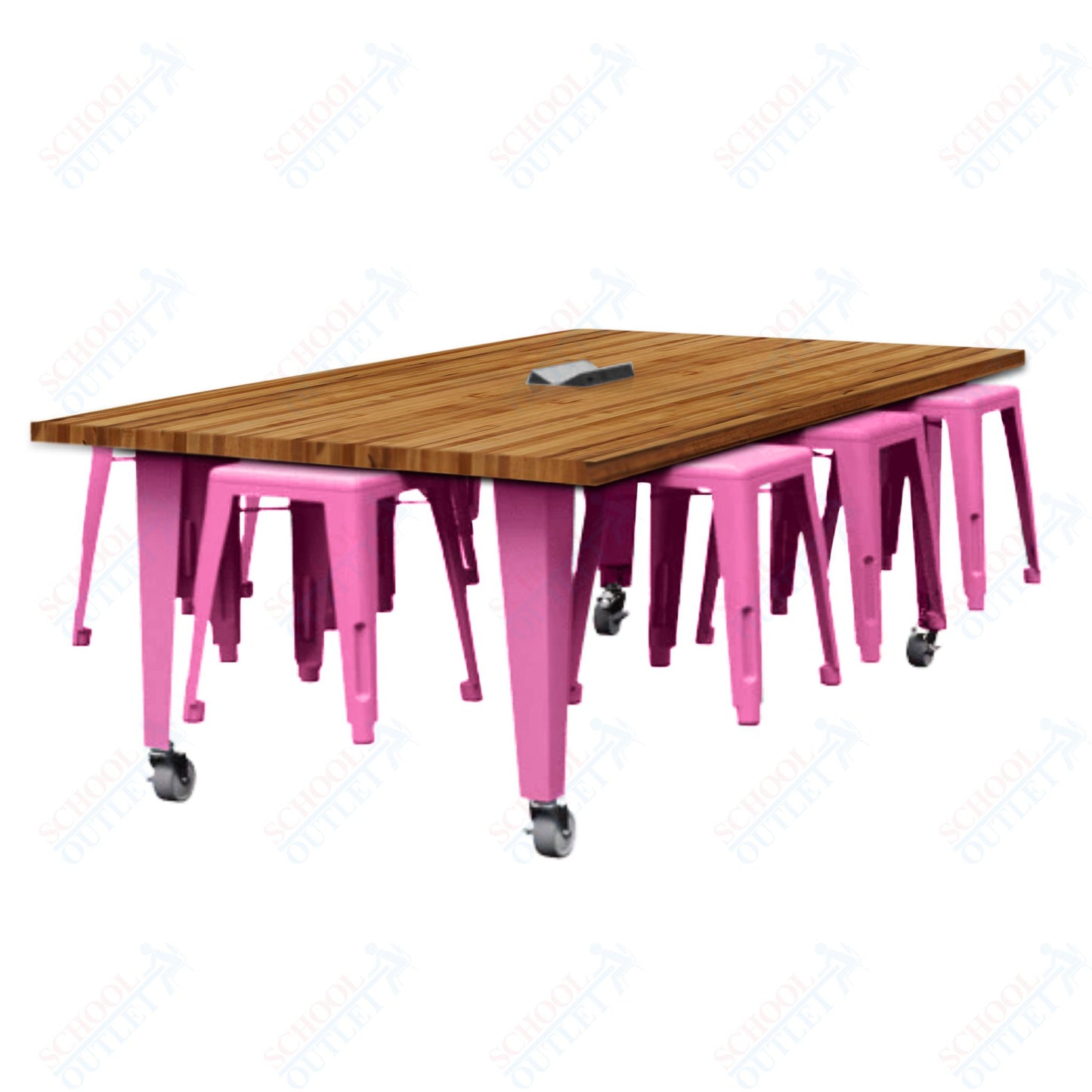 CEF IDEA Island Table 30" Height w/ 8-Seat - Butcher Block Top 84"W x 48"D with Steel Frame, 8 Stools and a Pop-up Dual Dock Electrical Station