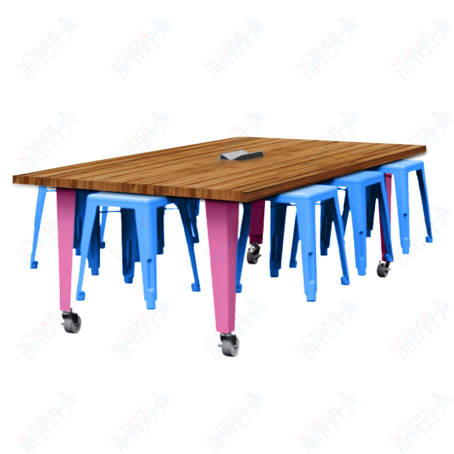 CEF IDEA Island Table 30" Height w/ 8-Seat - Butcher Block Top 84"W x 48"D with Steel Frame, 8 Stools and a Pop-up Dual Dock Electrical Station