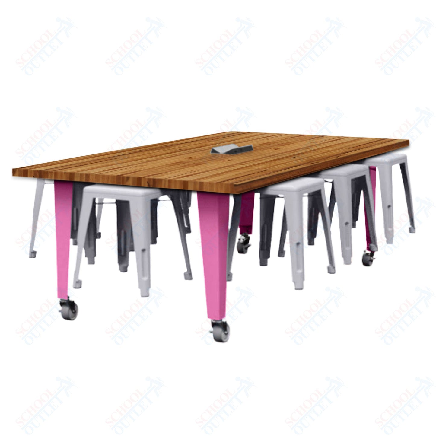 CEF IDEA Island Table 30" Height w/ 8-Seat - Butcher Block Top 84"W x 48"D with Steel Frame, 8 Stools and a Pop-up Dual Dock Electrical Station
