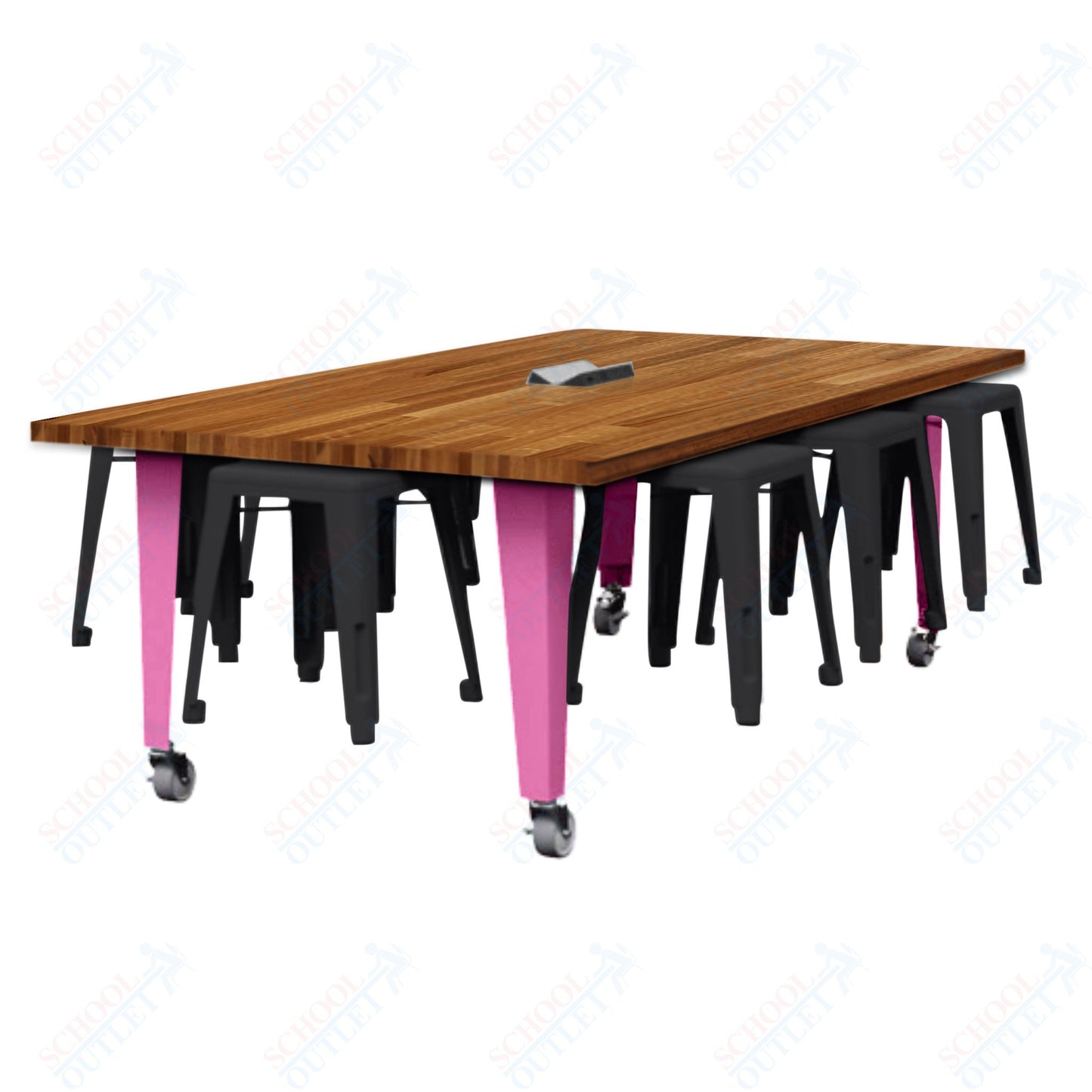CEF IDEA Island Table 30" Height w/ 8-Seat - Butcher Block Top 84"W x 48"D with Steel Frame, 8 Stools and a Pop-up Dual Dock Electrical Station