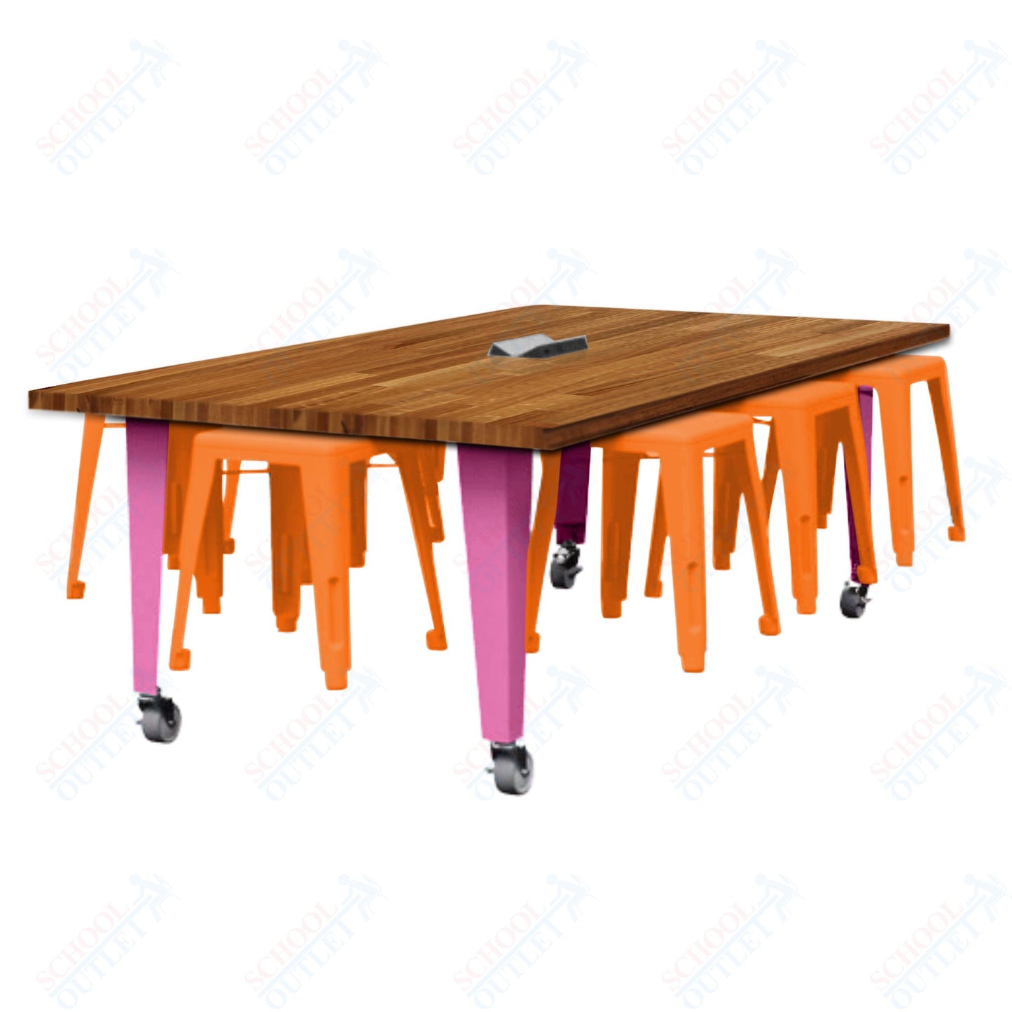 CEF IDEA Island Table 30" Height w/ 8-Seat - Butcher Block Top 84"W x 48"D with Steel Frame, 8 Stools and a Pop-up Dual Dock Electrical Station