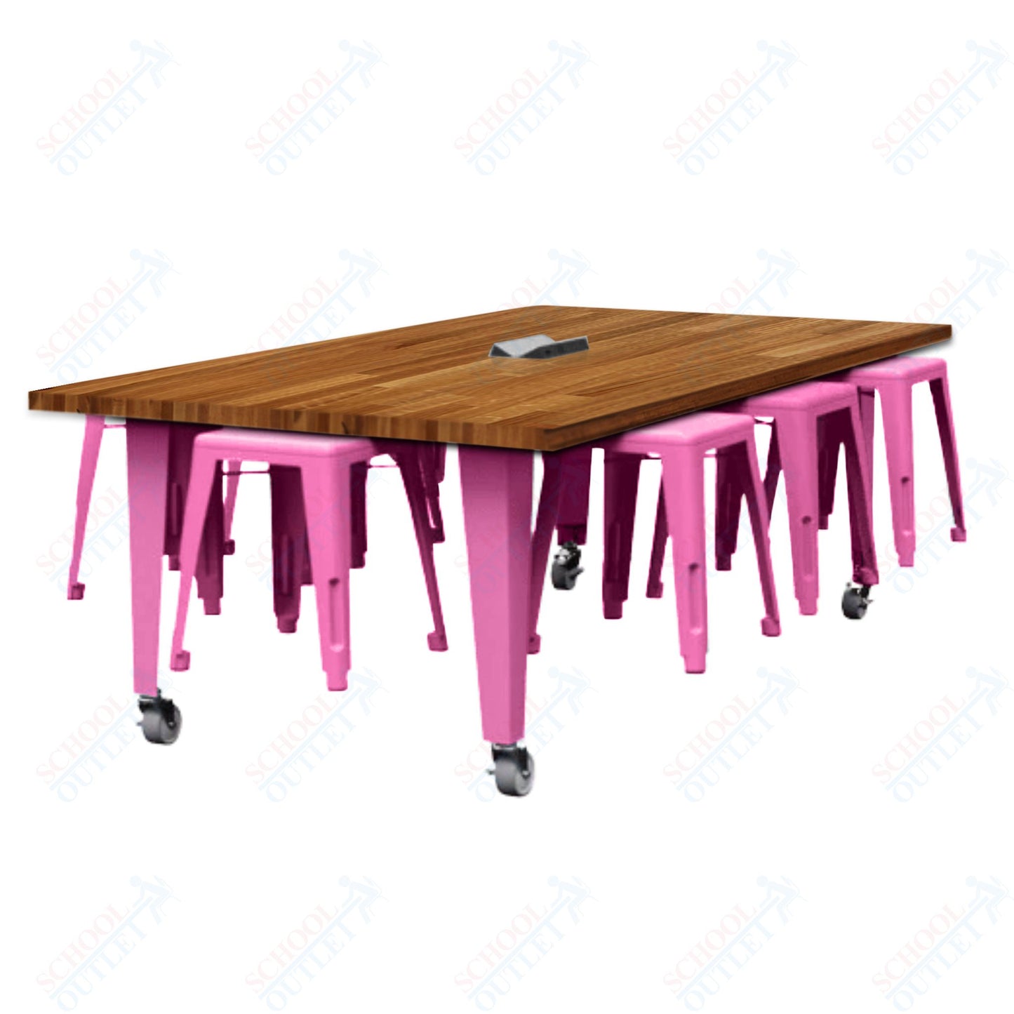 CEF IDEA Island Table 30" Height w/ 8-Seat - Butcher Block Top 84"W x 48"D with Steel Frame, 8 Stools and a Pop-up Dual Dock Electrical Station