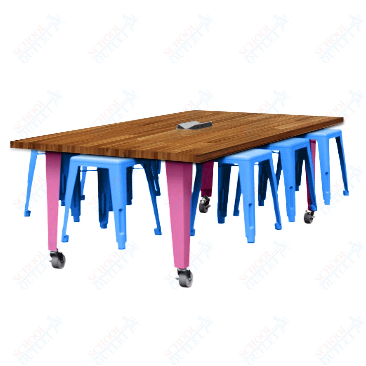 CEF IDEA Island Table 30" Height w/ 8-Seat - Butcher Block Top 84"W x 48"D with Steel Frame, 8 Stools and a Pop-up Dual Dock Electrical Station