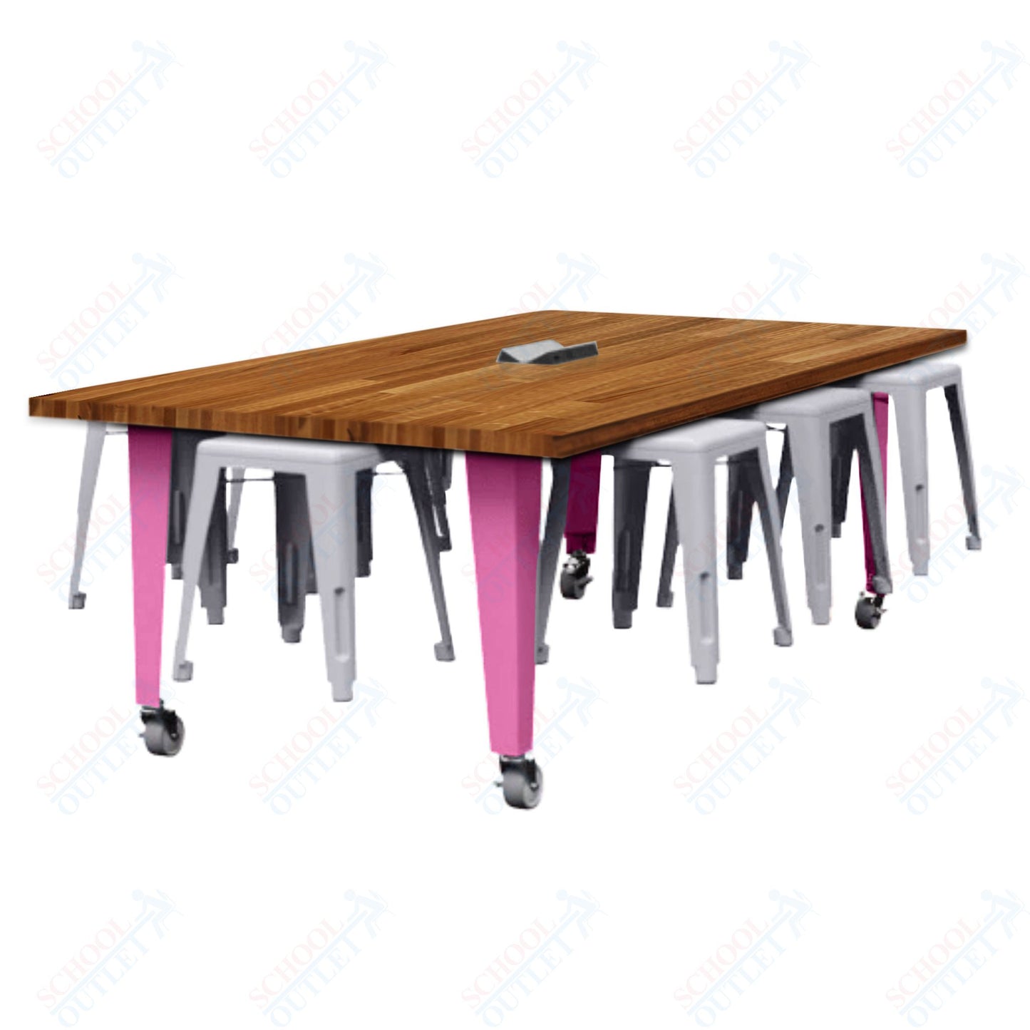CEF IDEA Island Table 30" Height w/ 8-Seat - Butcher Block Top 84"W x 48"D with Steel Frame, 8 Stools and a Pop-up Dual Dock Electrical Station