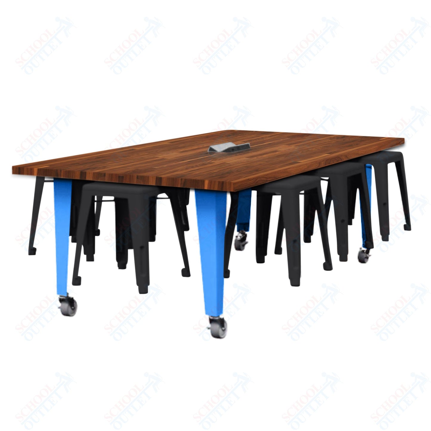 CEF IDEA Island Table 30" Height w/ 8-Seat - Butcher Block Top 84"W x 48"D with Steel Frame, 8 Stools and a Pop-up Dual Dock Electrical Station