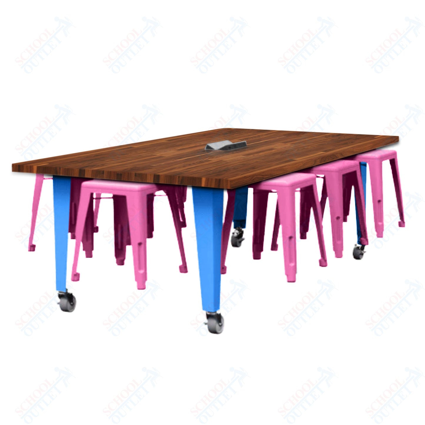 CEF IDEA Island Table 30" Height w/ 8-Seat - Butcher Block Top 84"W x 48"D with Steel Frame, 8 Stools and a Pop-up Dual Dock Electrical Station