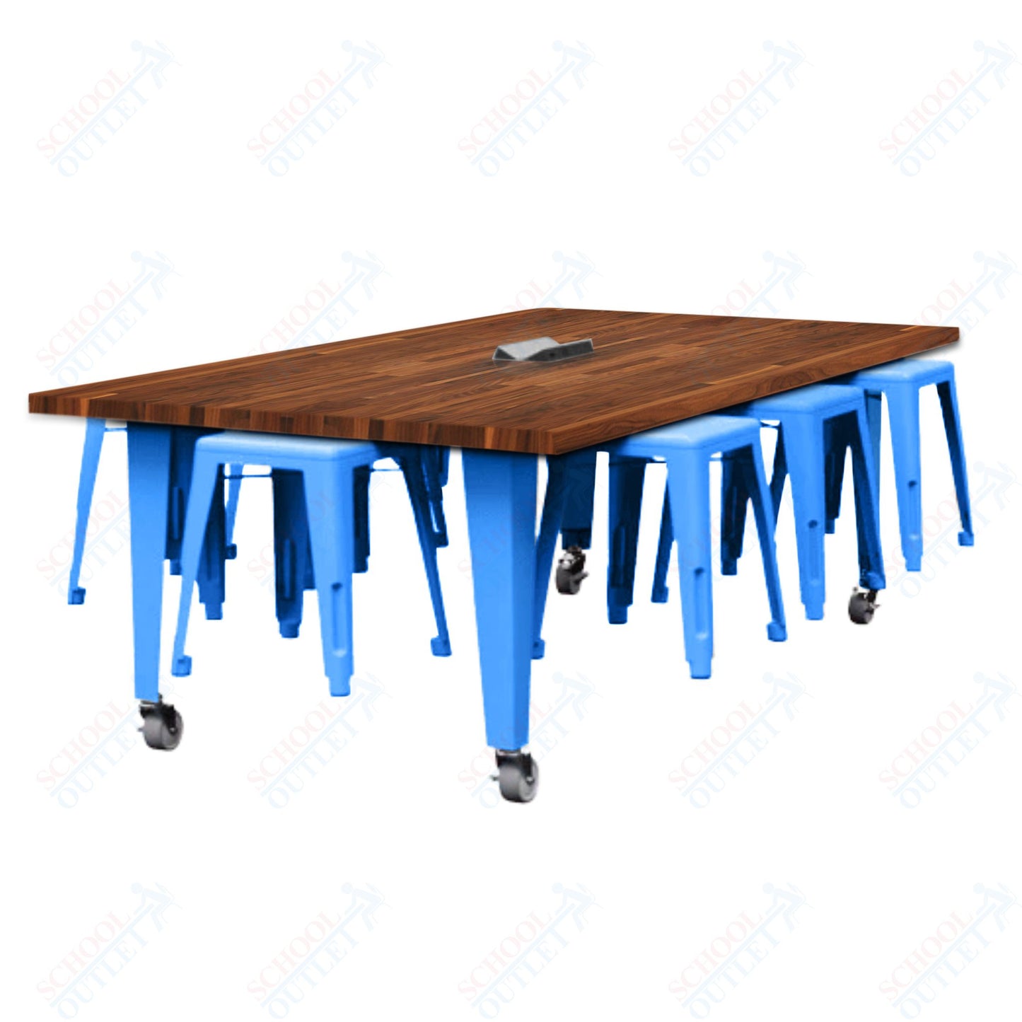 CEF IDEA Island Table 30" Height w/ 8-Seat - Butcher Block Top 84"W x 48"D with Steel Frame, 8 Stools and a Pop-up Dual Dock Electrical Station